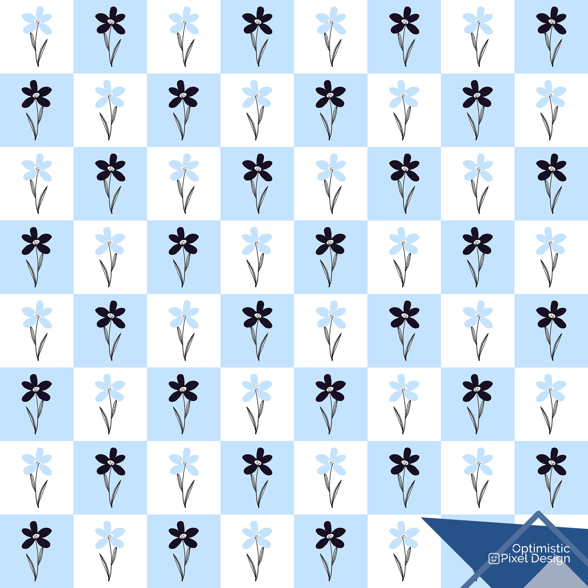 Floral Wallpaper Blue Checker Luxury Wall Decor