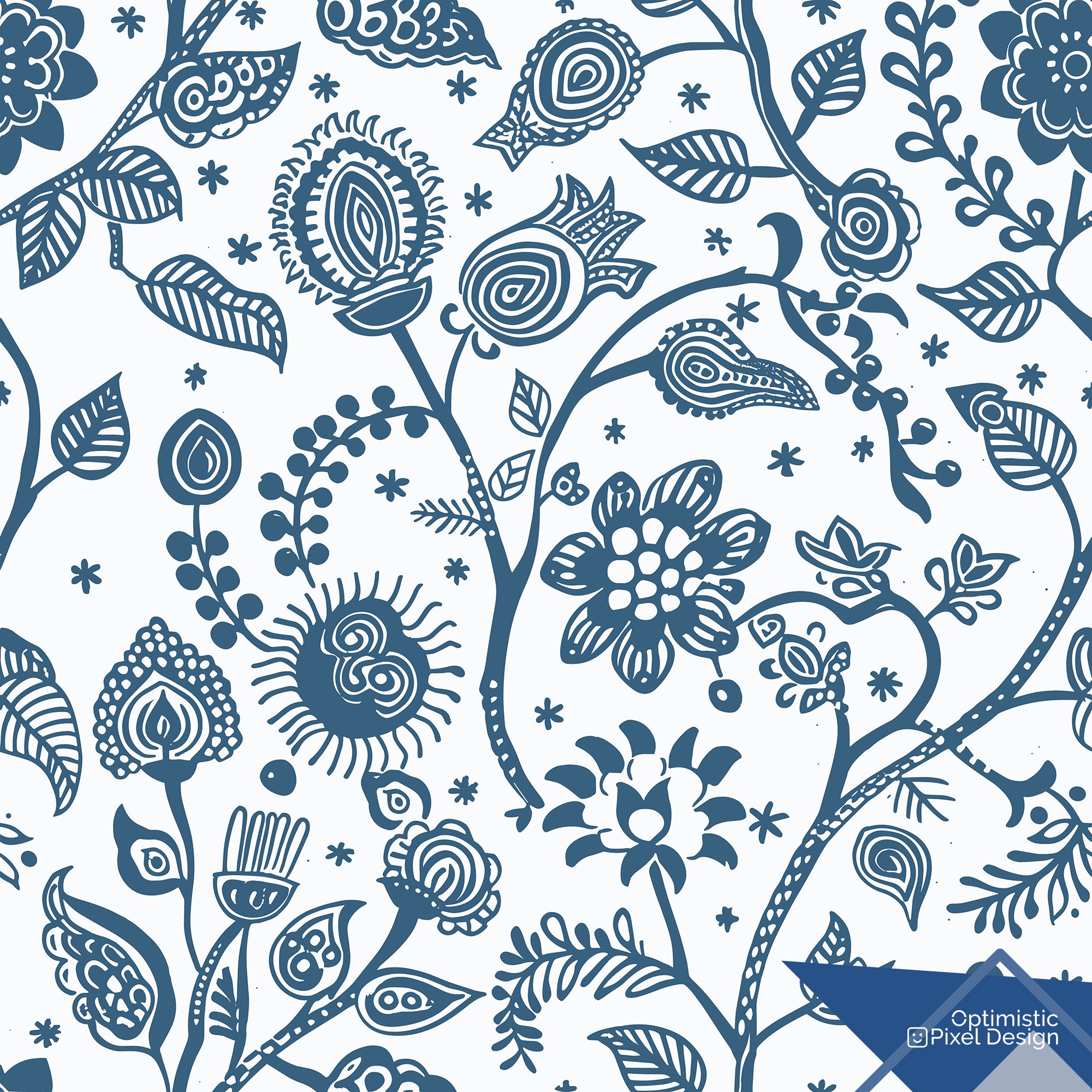 Blue Floral Wallpaper Whimsical Scandinavian Wall Decor