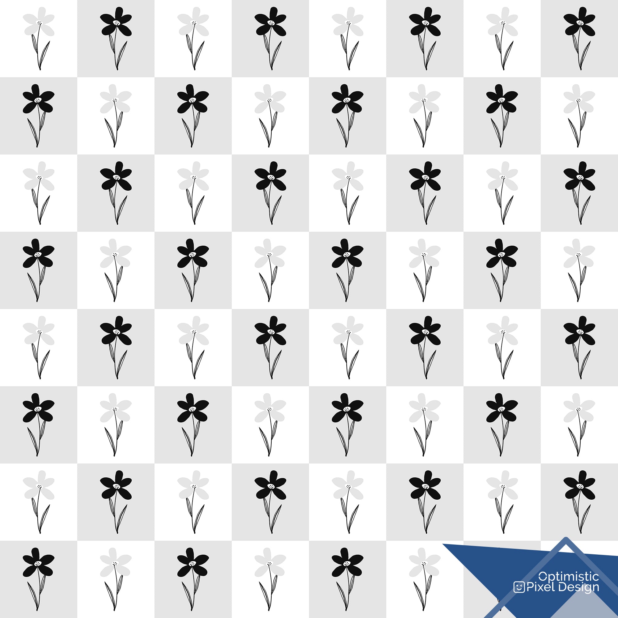 Floral Wallpaper Black White Checker Wall Decor