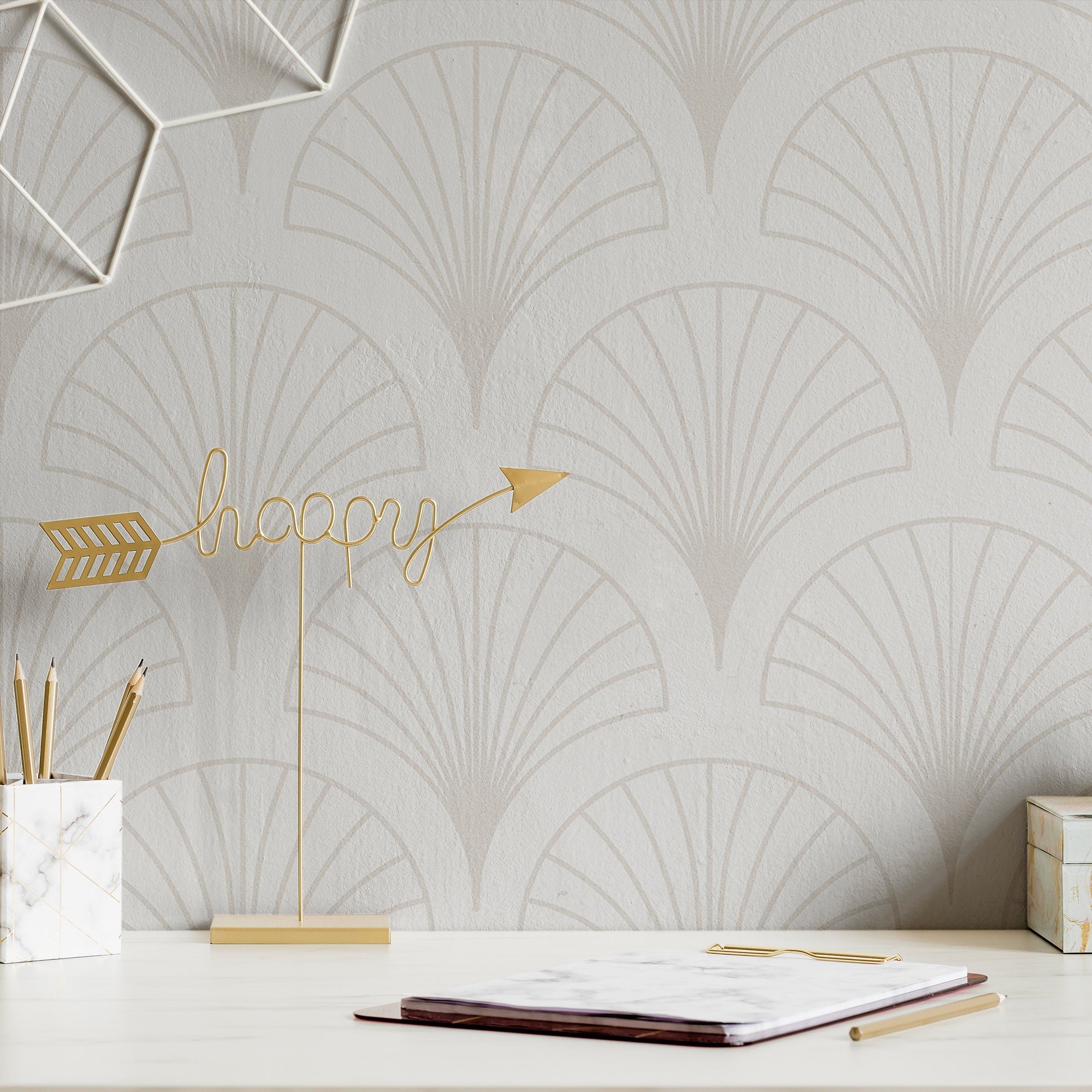 Art Deco Wallpaper Neutral Cream Fan Wall Decor