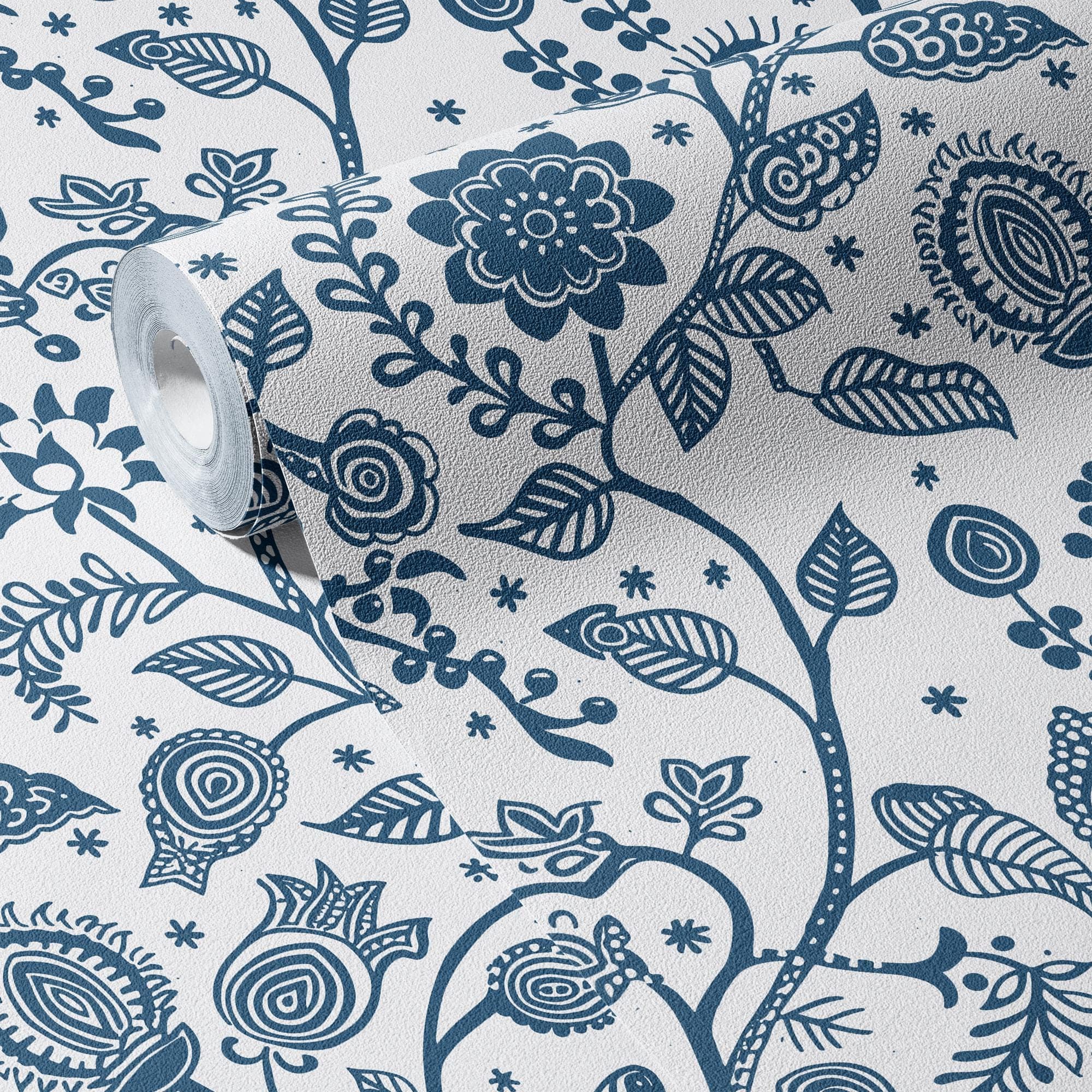 Blue Floral Wallpaper Whimsical Scandinavian Wall Decor