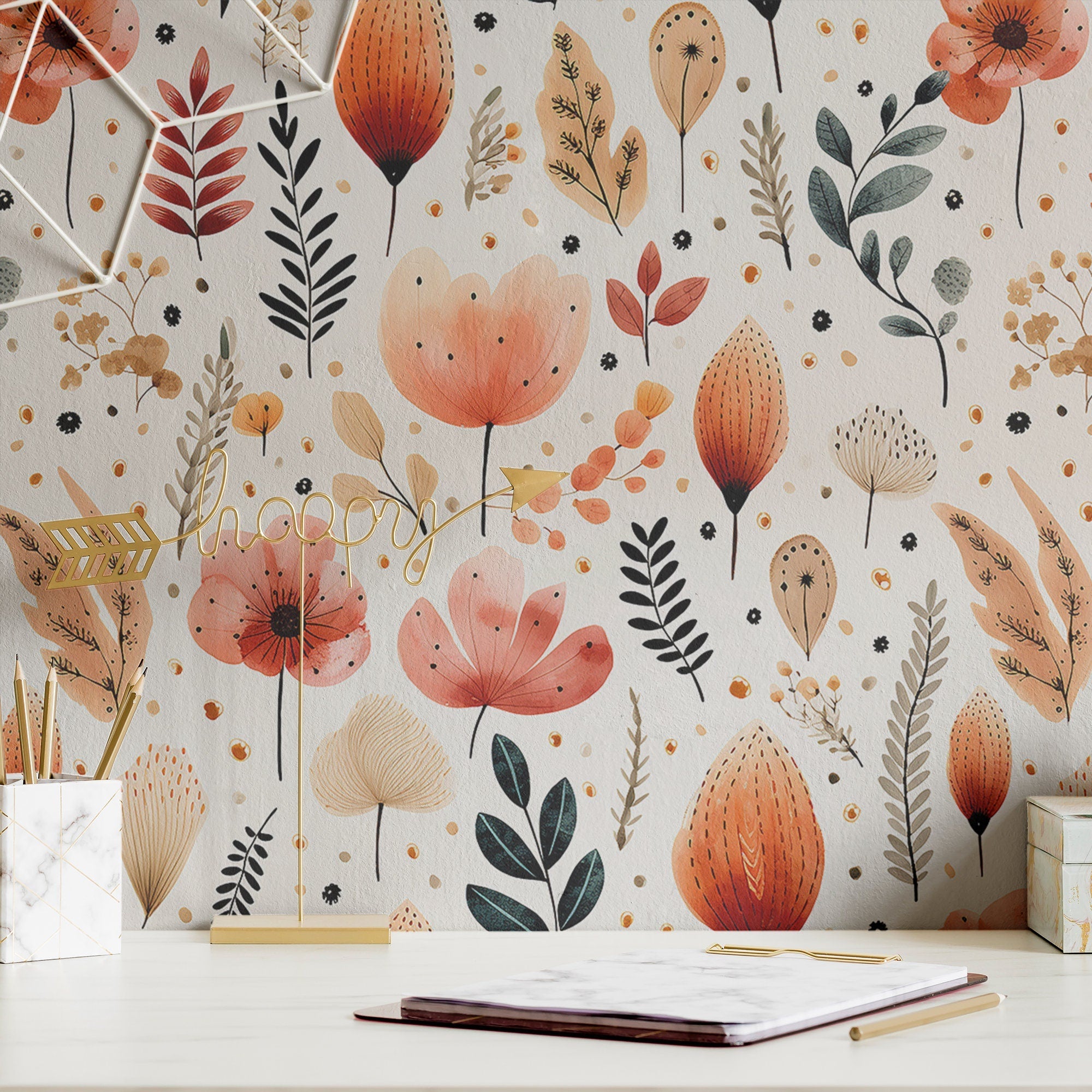 Boho Wallpaper Floral Watercolor Luxury Wall Decor