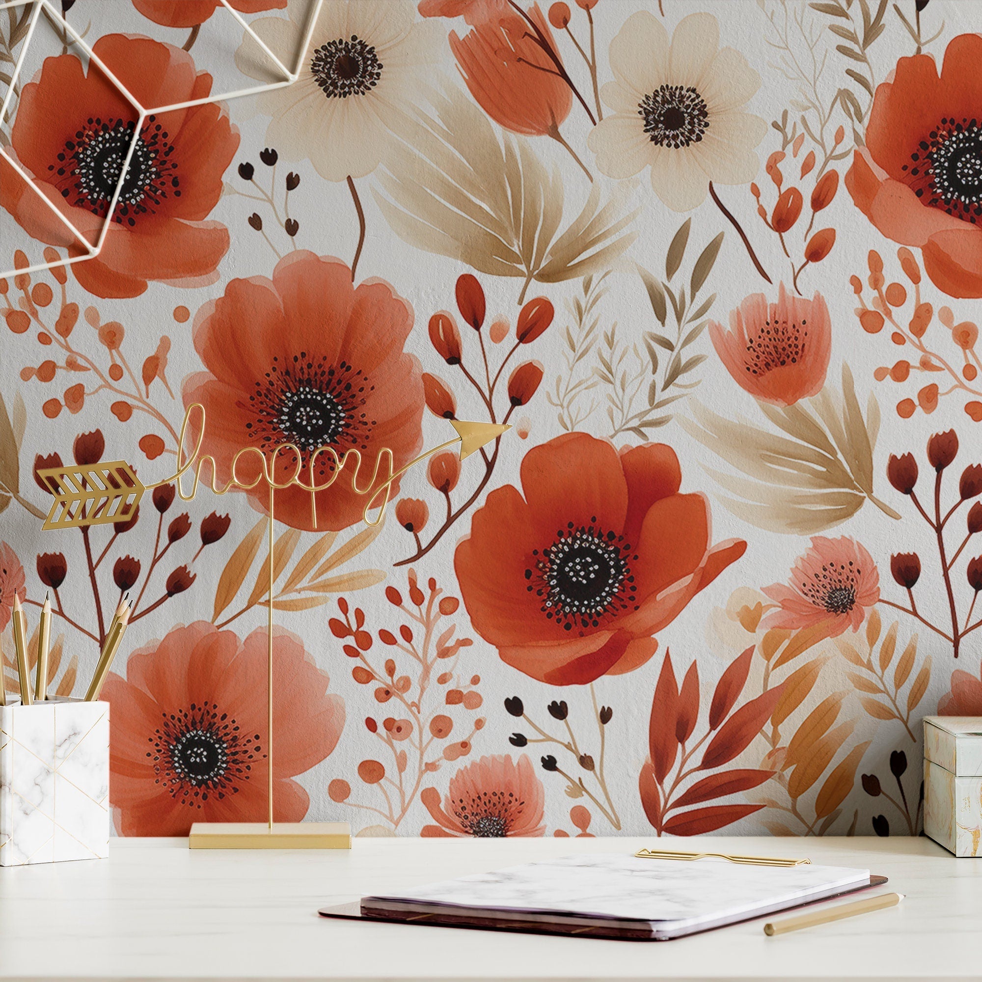 Boho Wallpaper Terracotta Flower Luxury Wall Decor