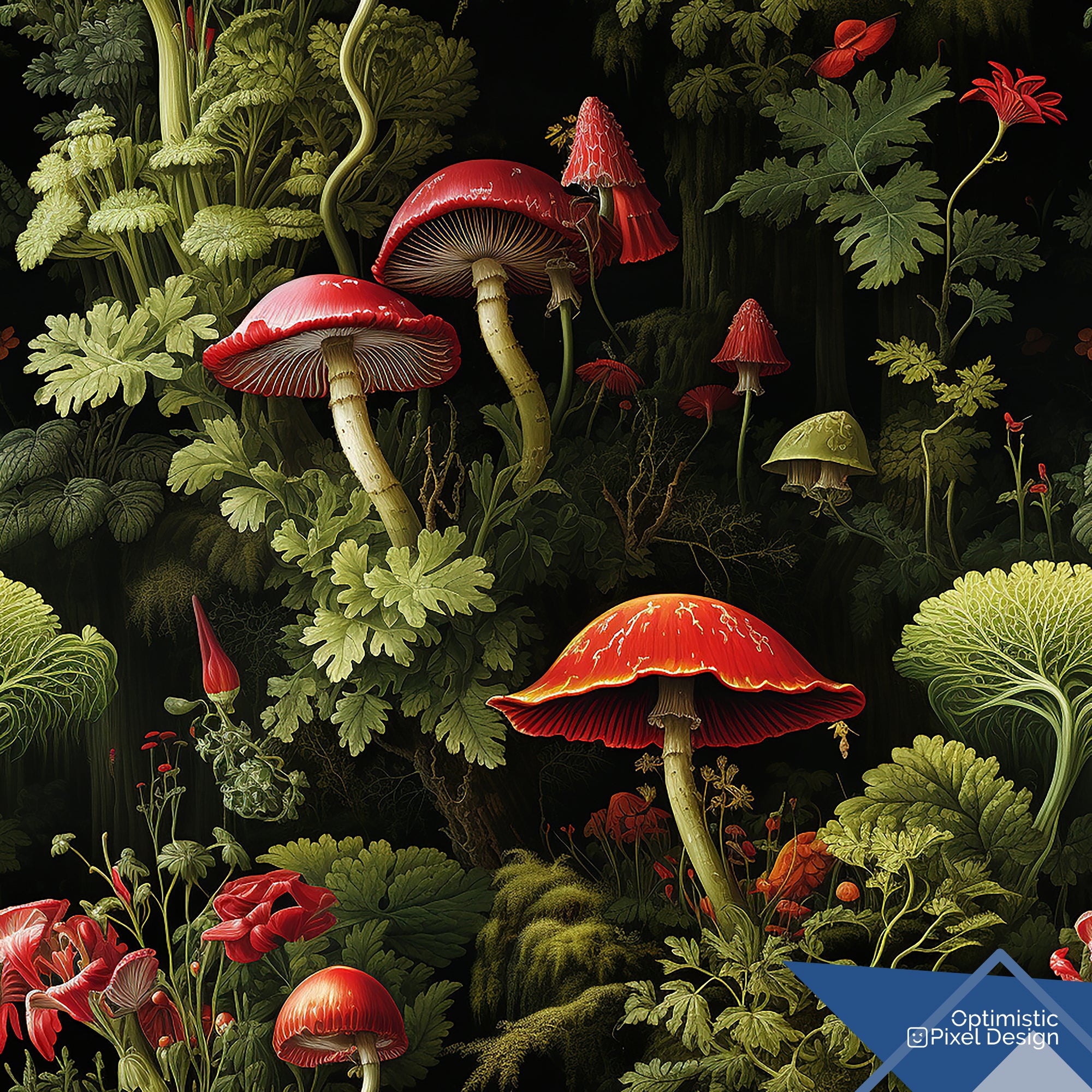 Mushroom Wallpaper Whimsical Dark Red Wall Decor