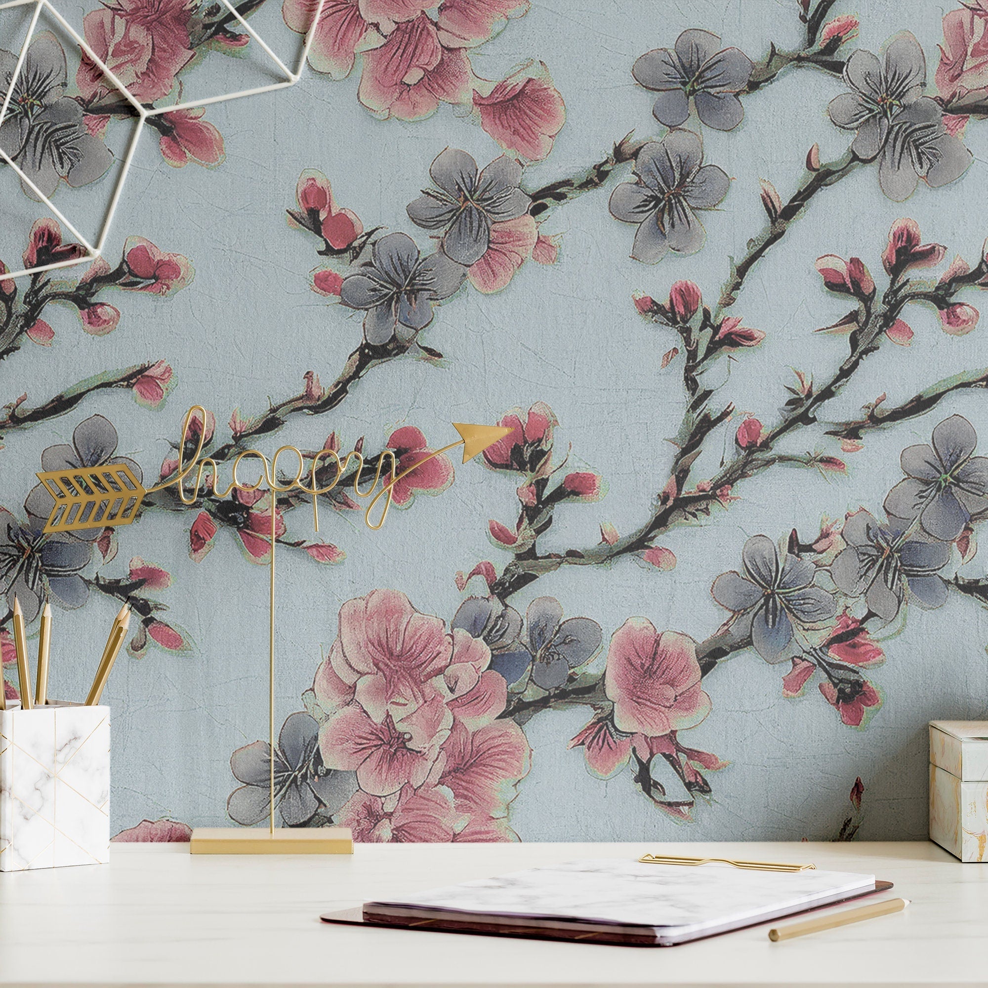 Cherry Blossom Wallpaper Blue Vintage Wall Decor