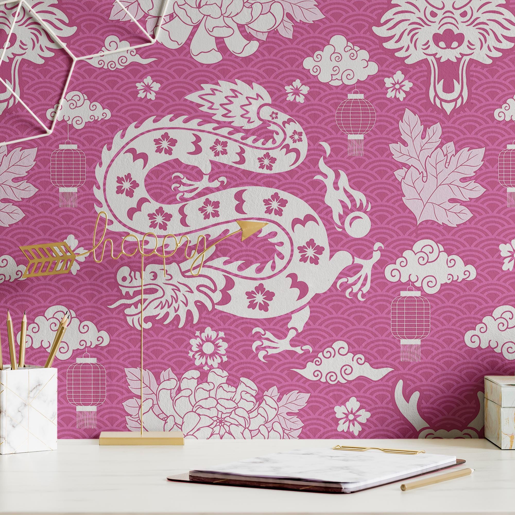 Dragon Wallpaper Vintage Pink Wall Decor