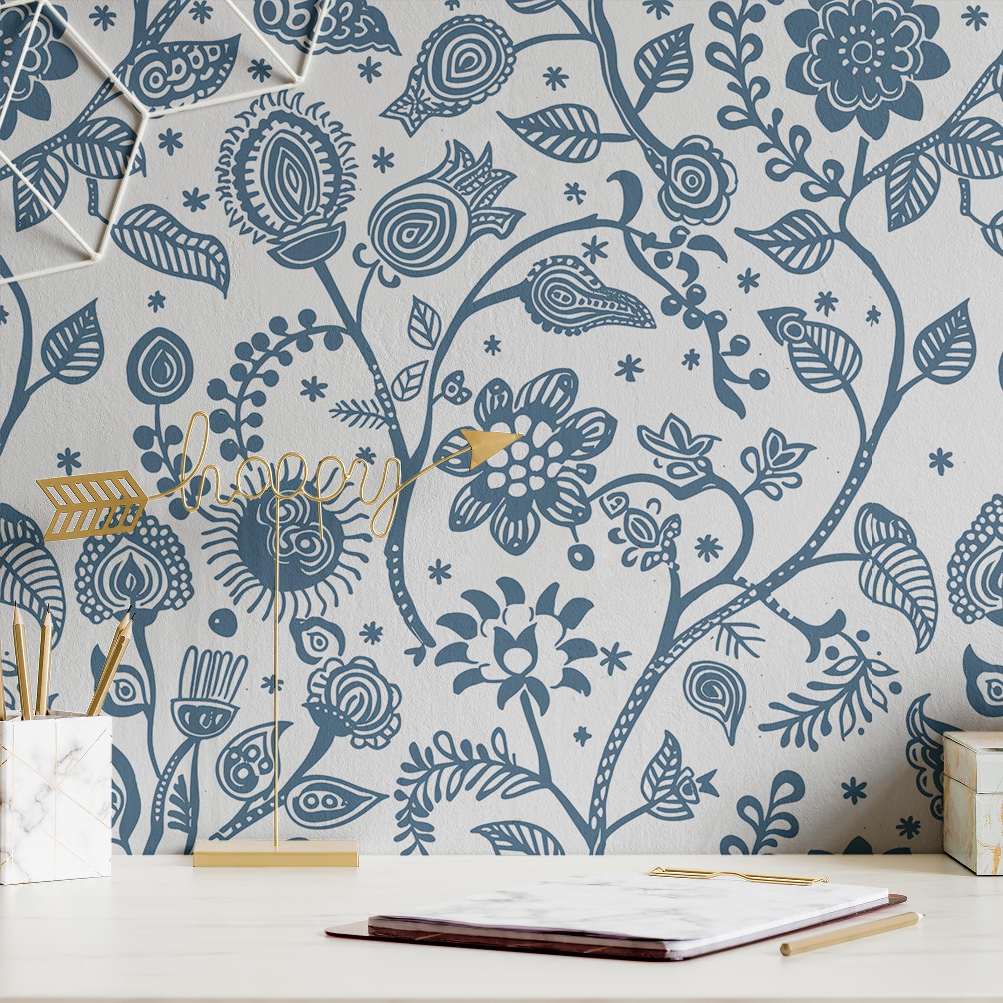 Blue Floral Wallpaper Whimsical Scandinavian Wall Decor