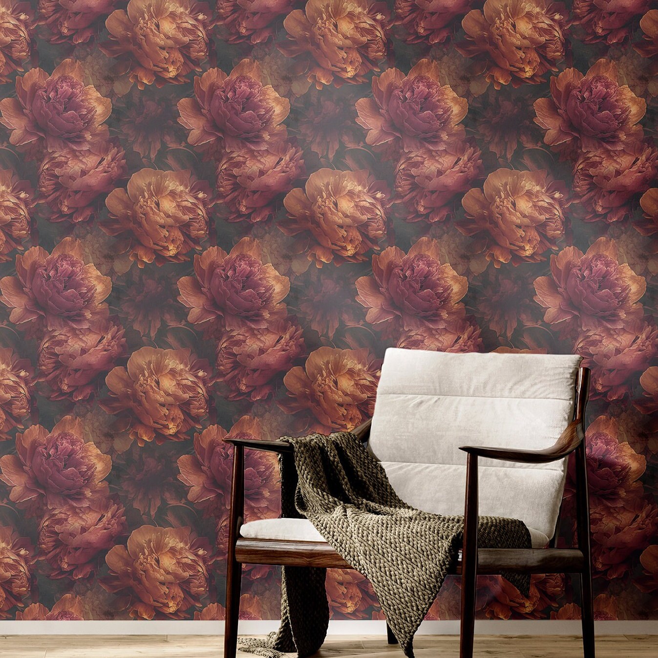 Moody Wallpaper Dark Orange Peony Wall Decor