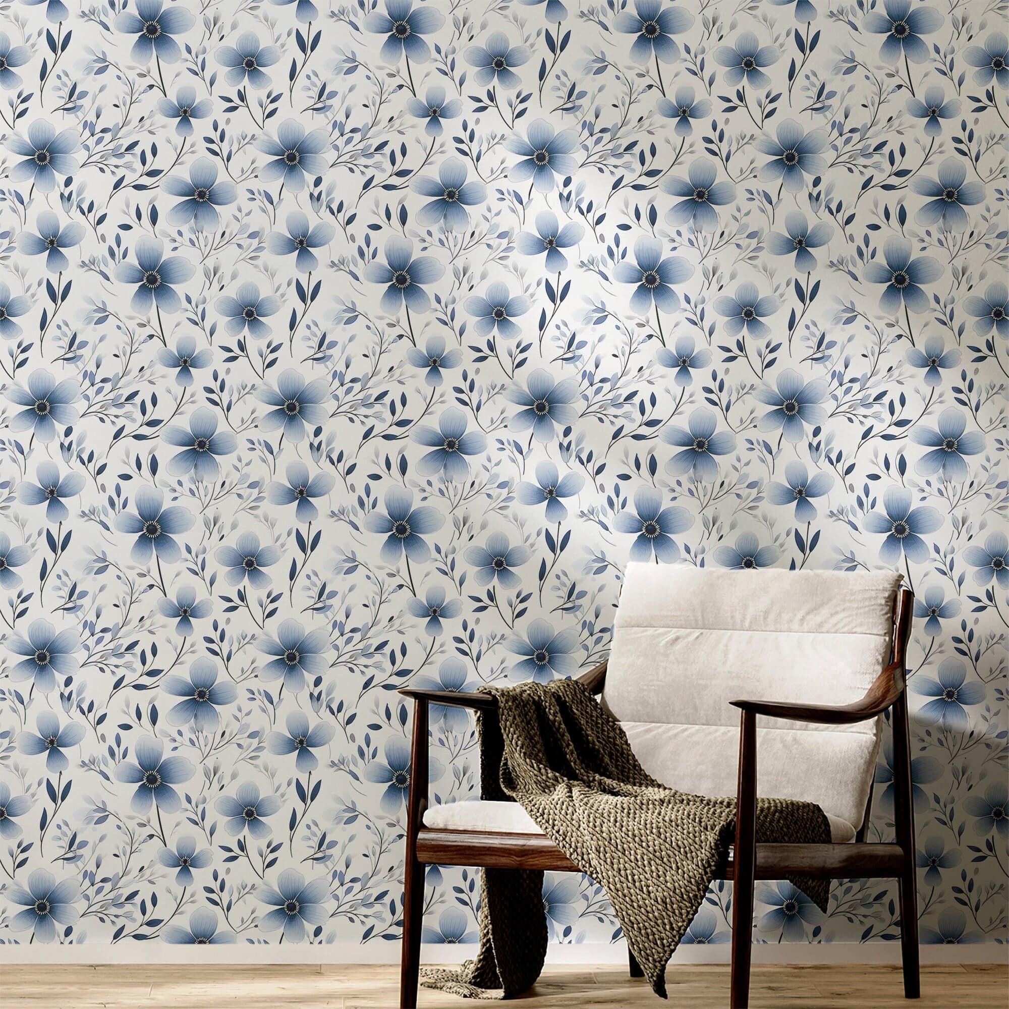 Floral Wallpaper Navy Flower Wall Decor