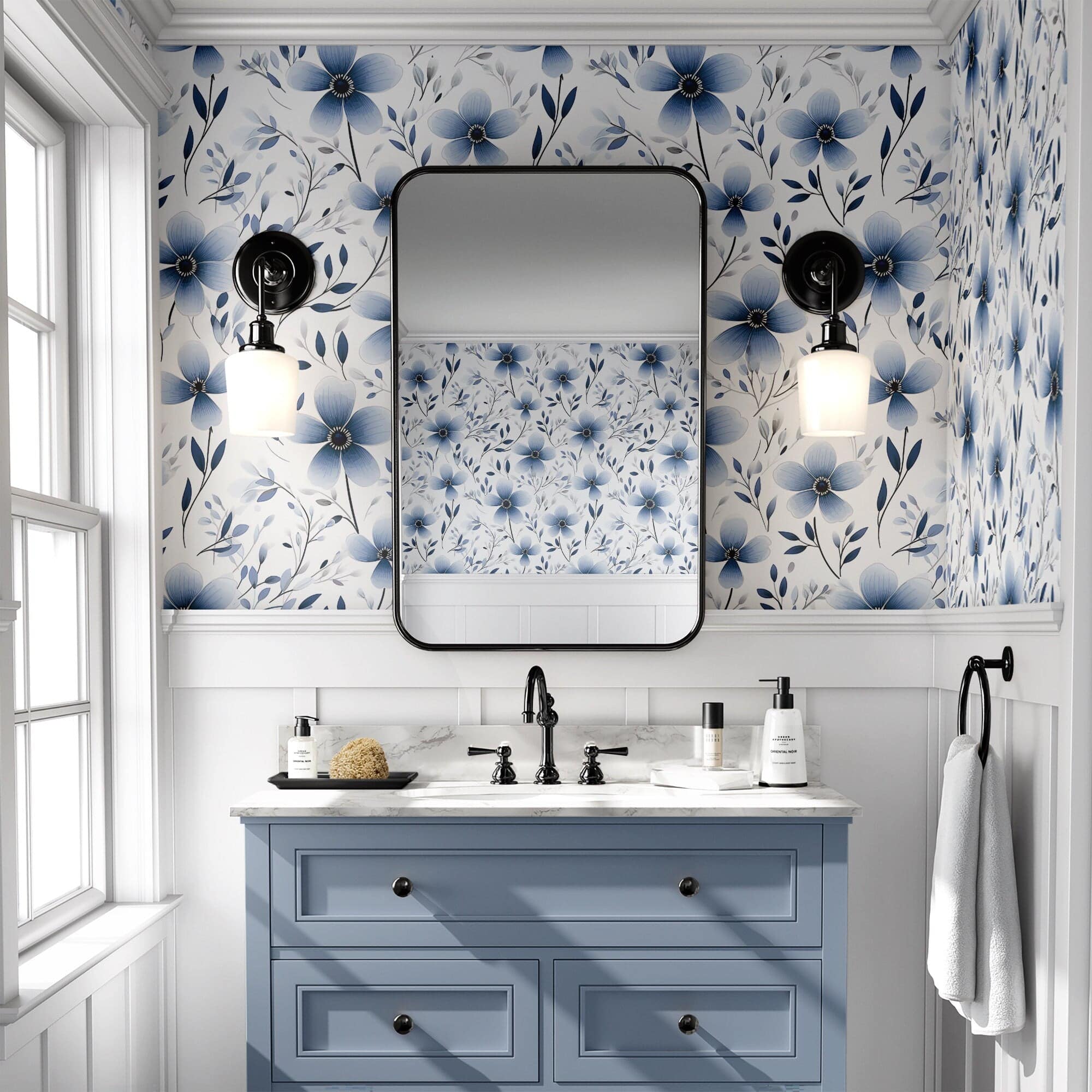 Floral Wallpaper Navy Flower Wall Decor