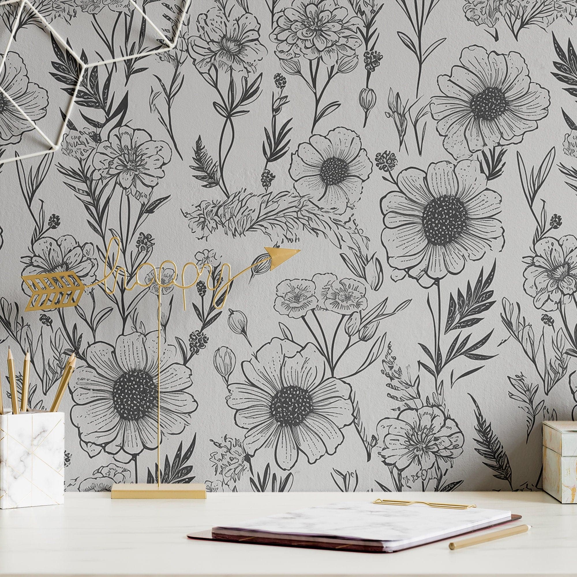 Floral Wallpaper Black White Garden Wall Decor