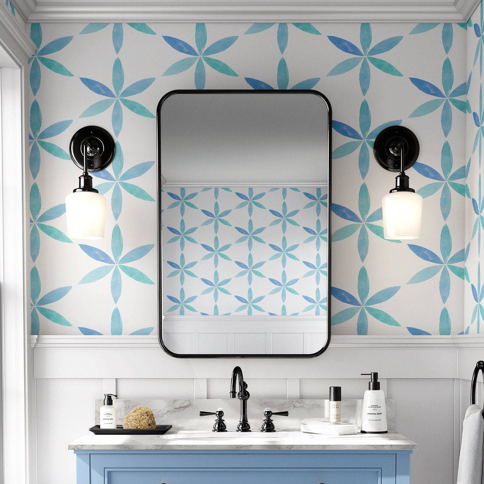 Boho Wallpaper Blue Floral Watercolor Wall Decor