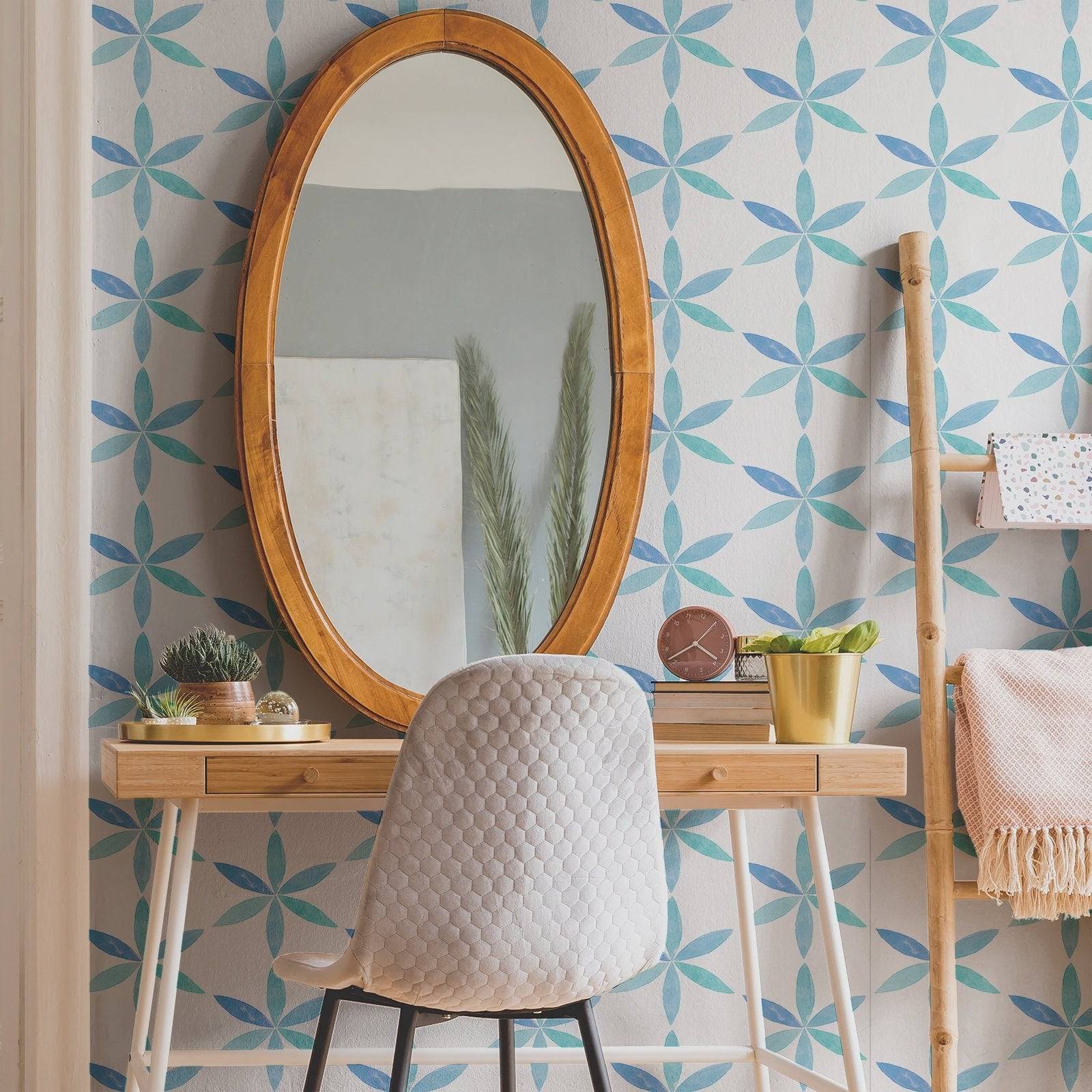 Boho Wallpaper Blue Floral Watercolor Wall Decor