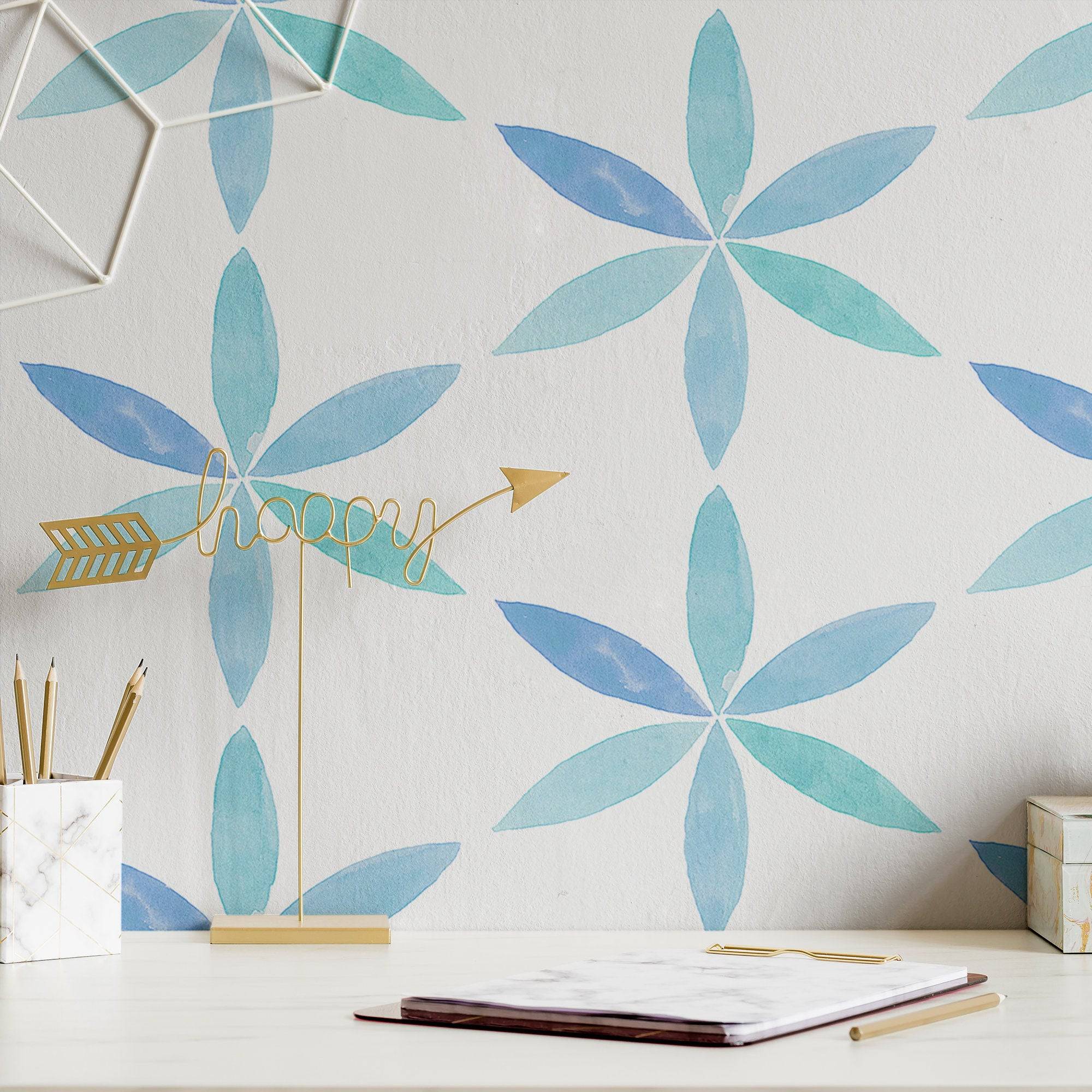 Boho Wallpaper Blue Floral Watercolor Wall Decor