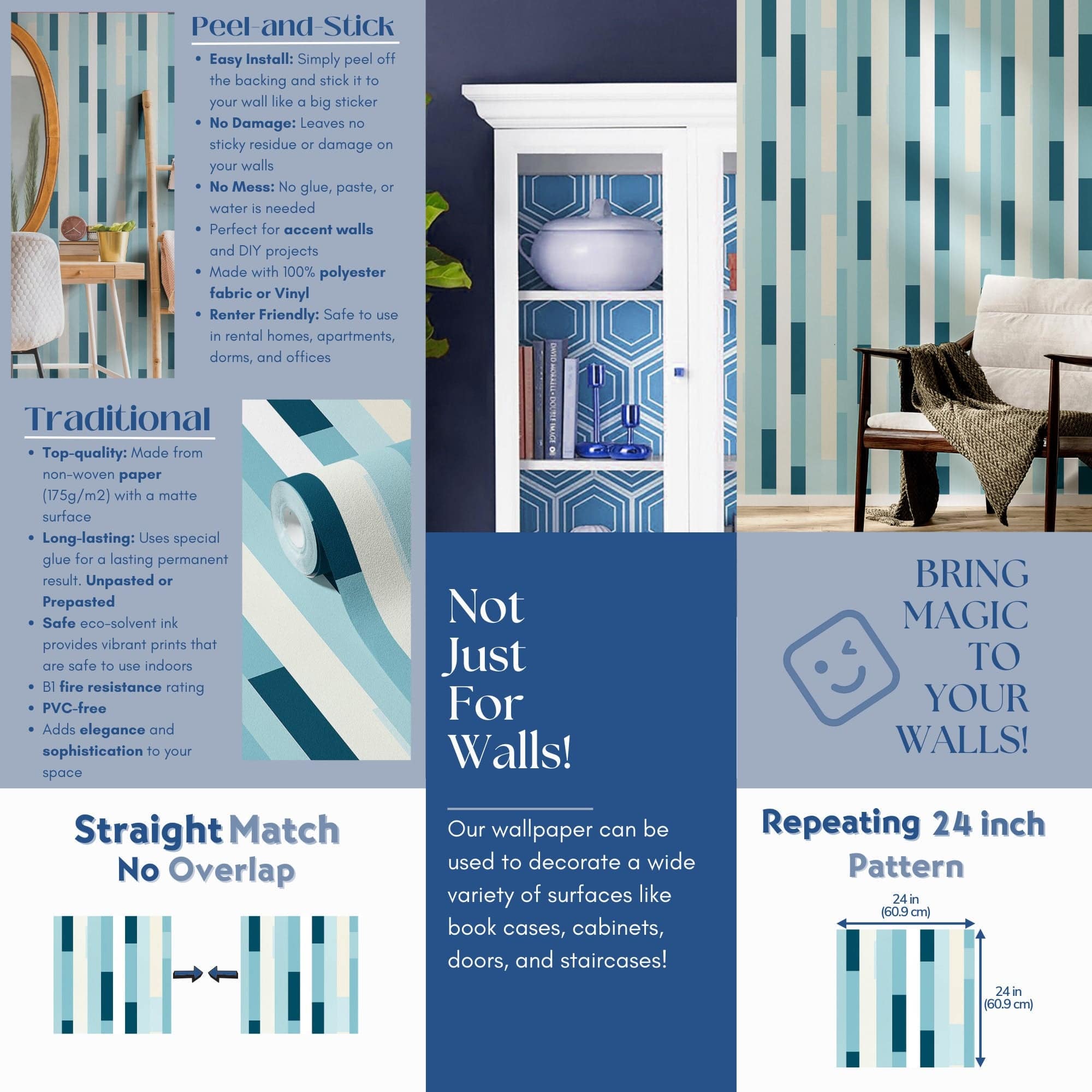 Stripe Wallpaper Blue Retro 70s Wall Decor