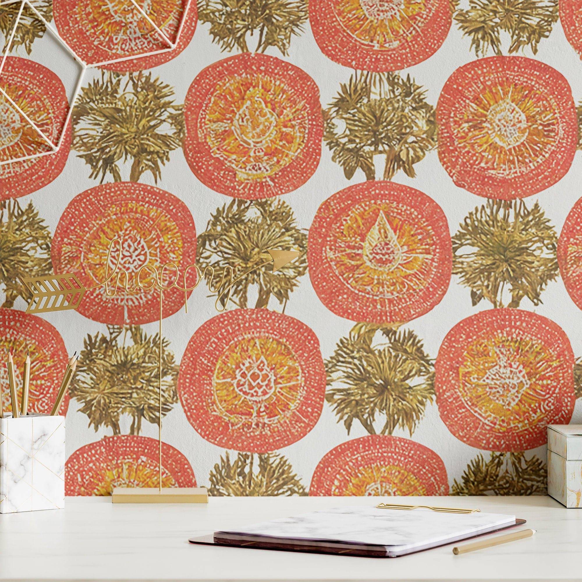 Boho Wallpaper Orange Medallion Luxury Wall Decor