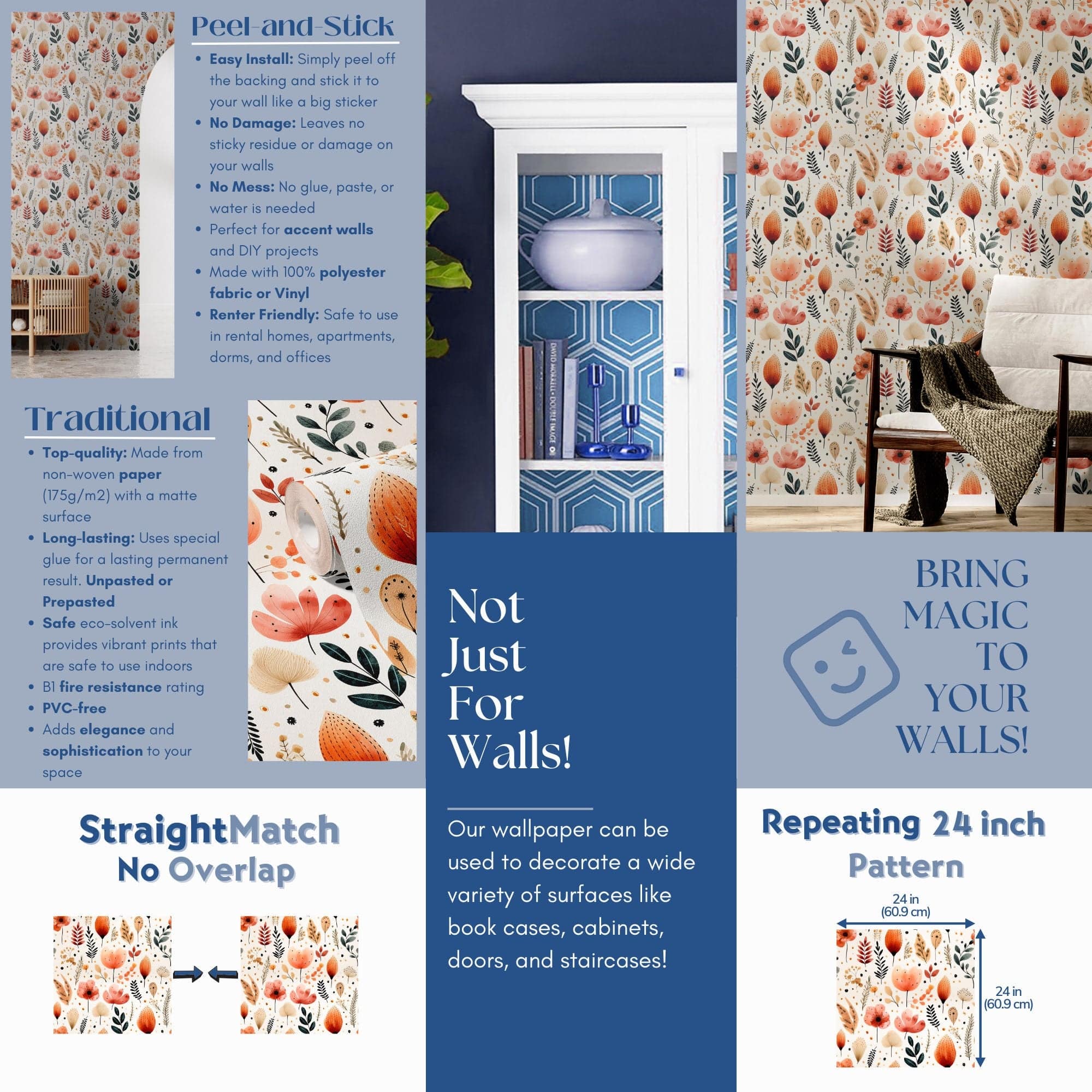 Boho Wallpaper Floral Watercolor Luxury Wall Decor
