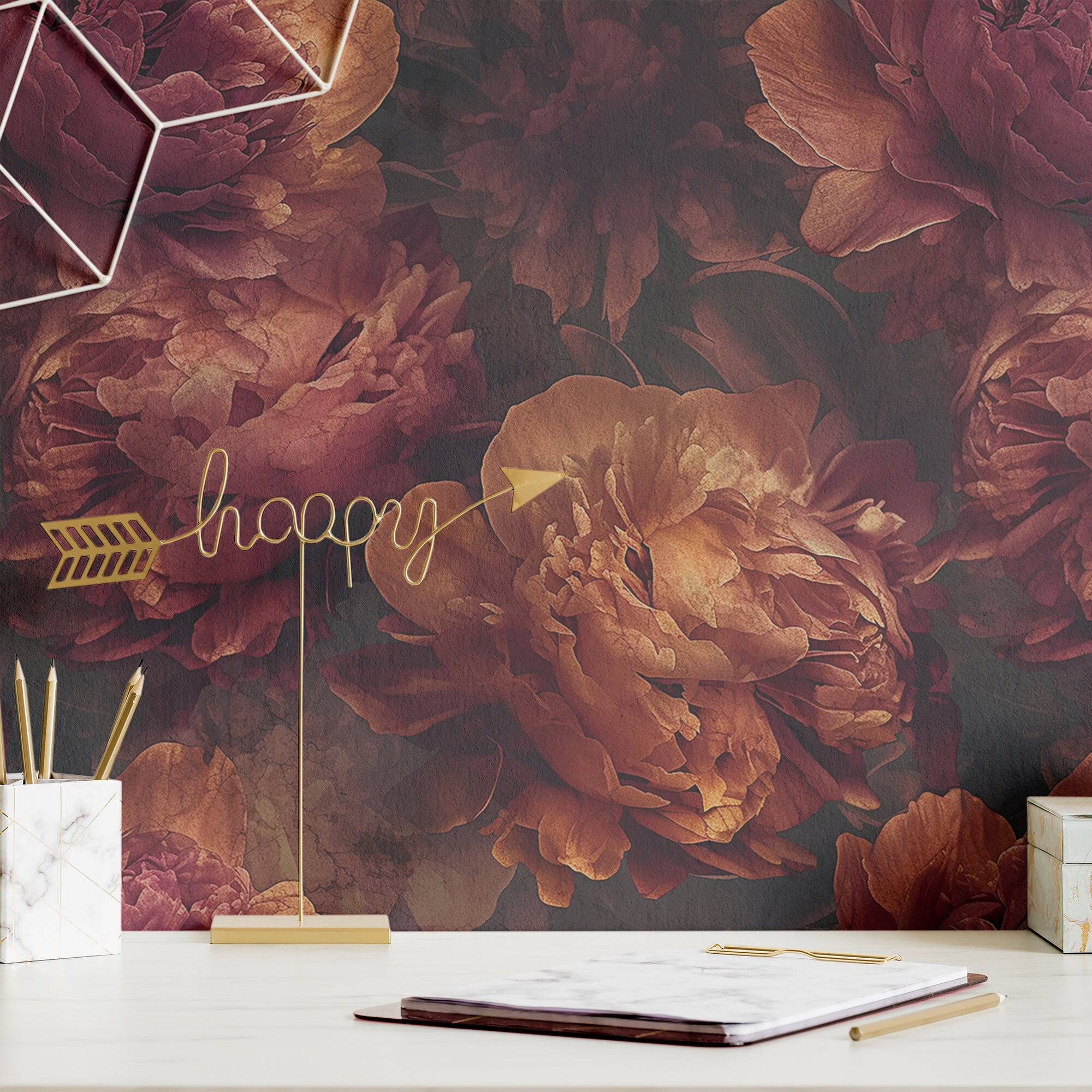 Moody Wallpaper Dark Orange Peony Wall Decor