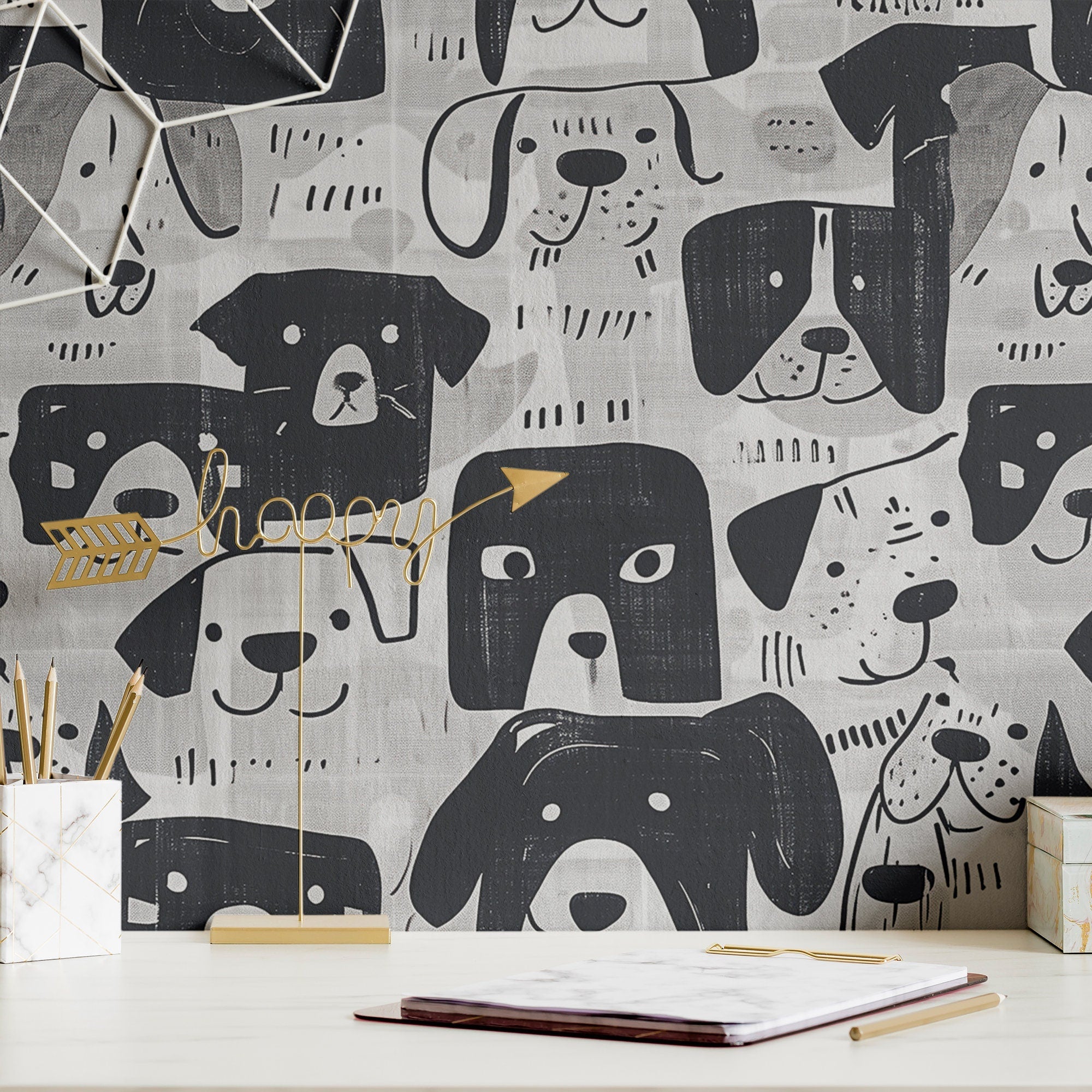 Fun Dog Wallpaper Pet Black White Wall Decor