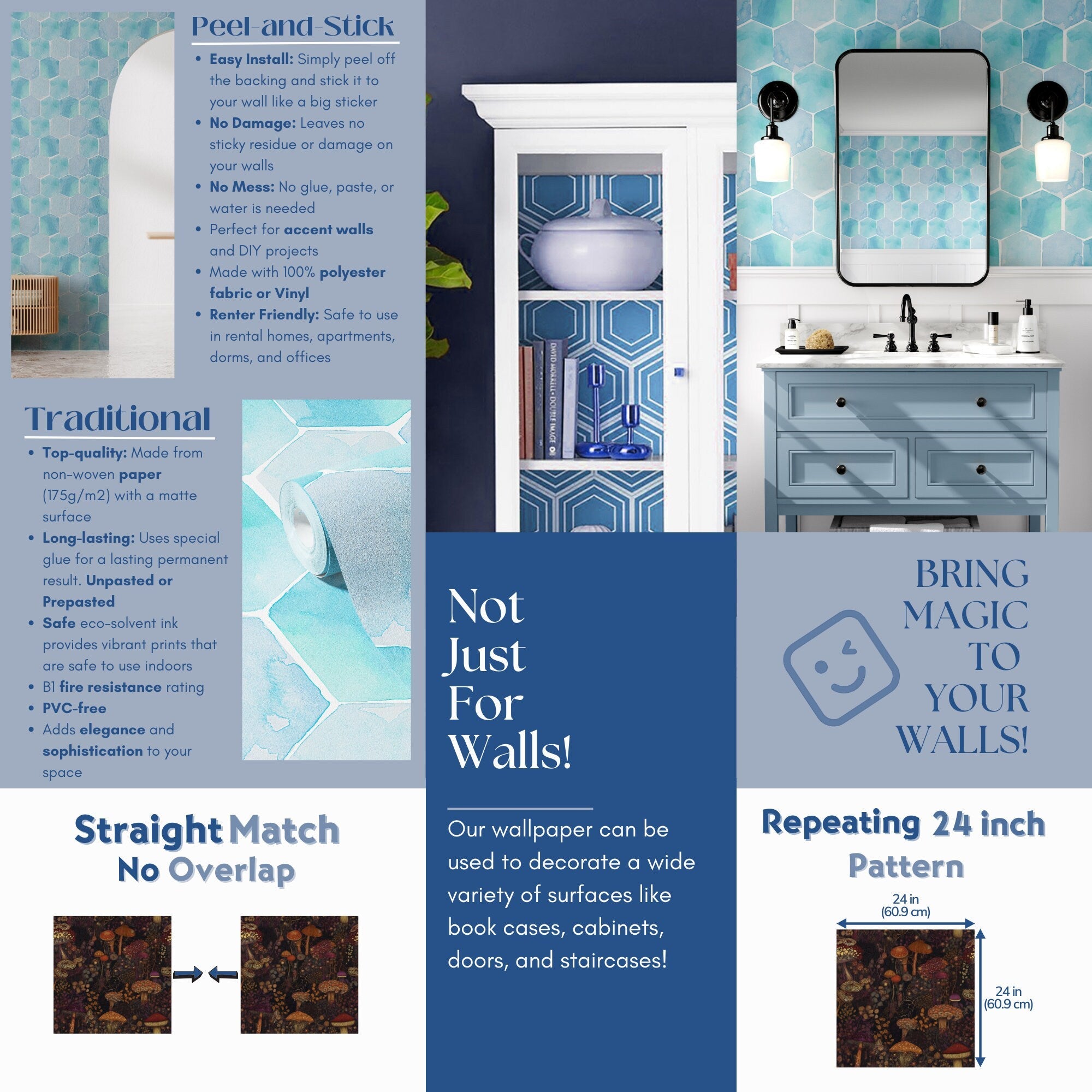 Watercolor Wallpaper Blue Hexagon Wall Decor