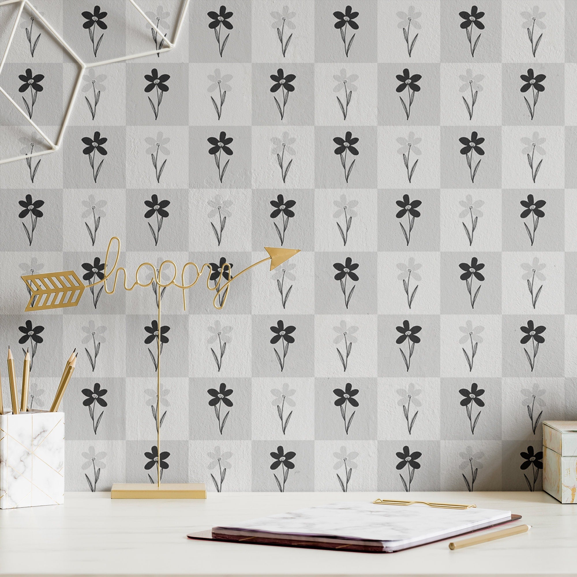 Floral Wallpaper Black White Checker Wall Decor