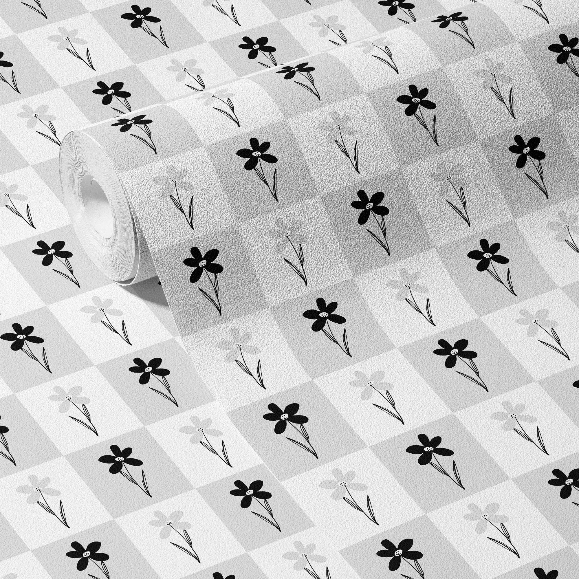 Floral Wallpaper Black White Checker Wall Decor