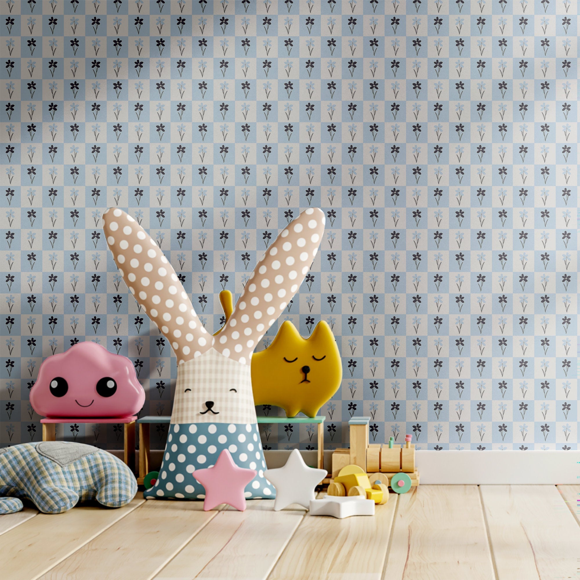 Floral Wallpaper Blue Checker Luxury Wall Decor