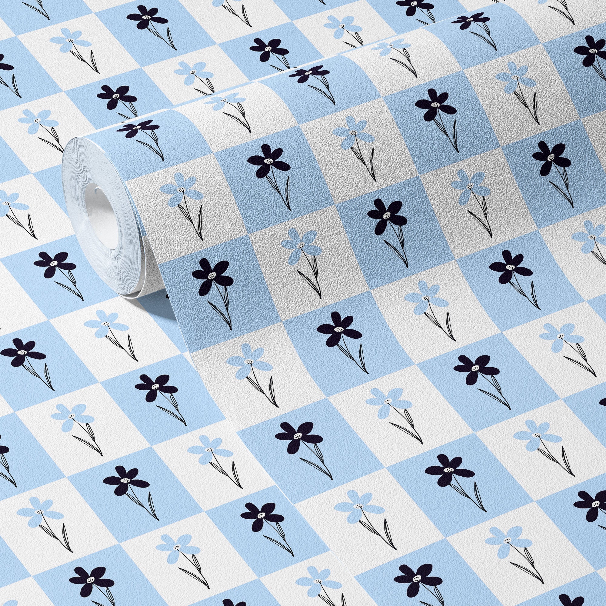 Floral Wallpaper Blue Checker Luxury Wall Decor
