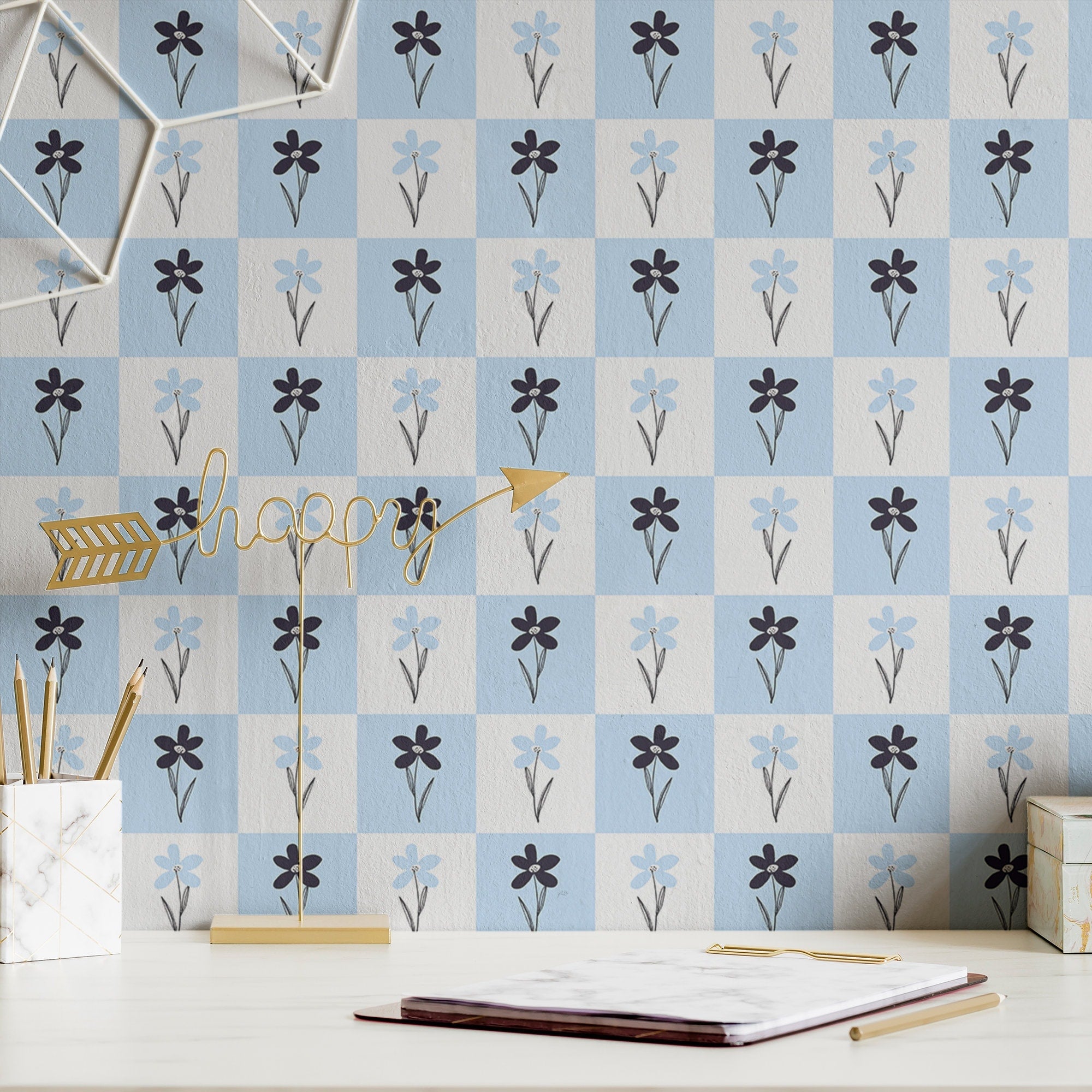 Floral Wallpaper Blue Checker Luxury Wall Decor