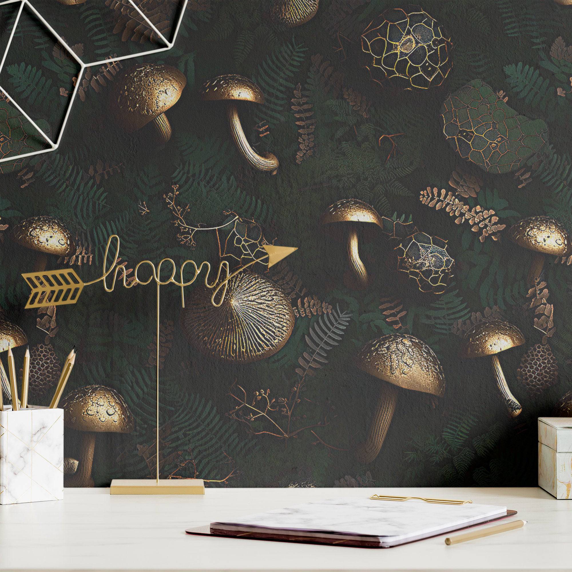 Mushroom Wallpaper Retro Gold Luxury Wall Decor