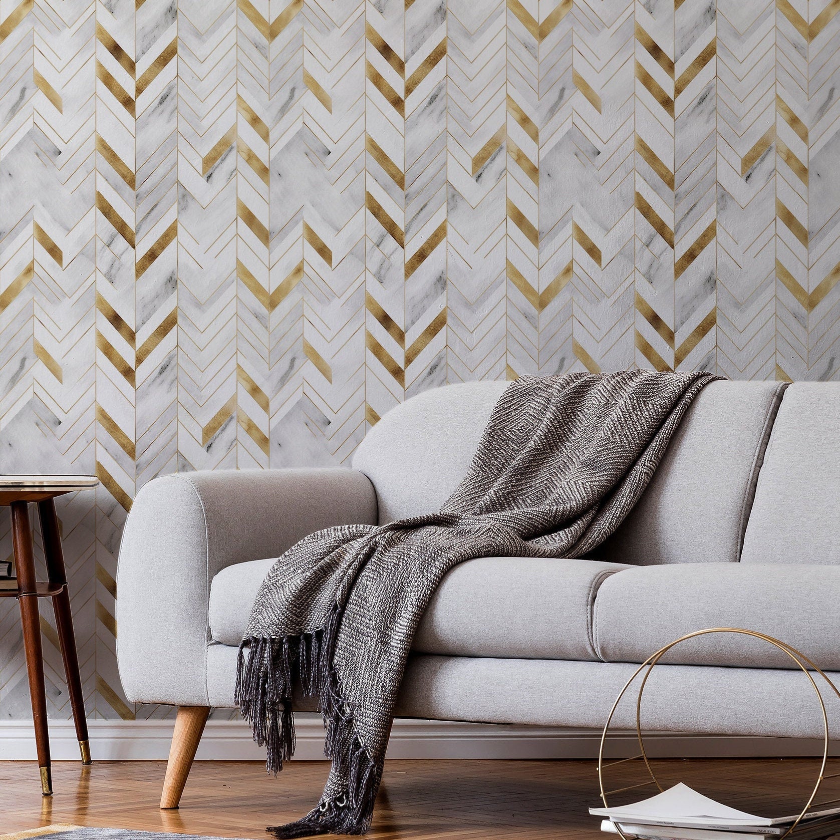 Faux Marble Wallpaper White Chevron Wall Decor