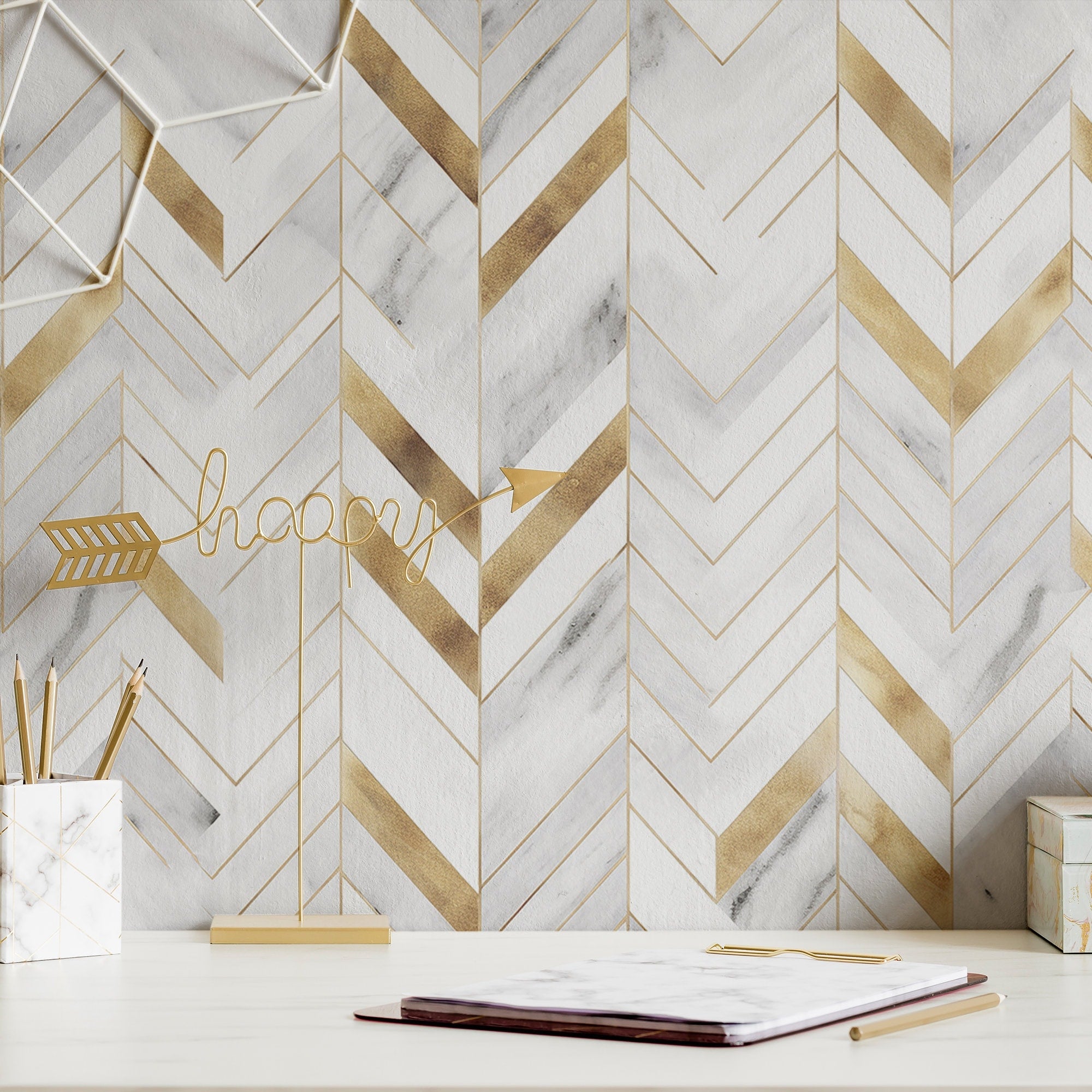 Faux Marble Wallpaper White Chevron Wall Decor