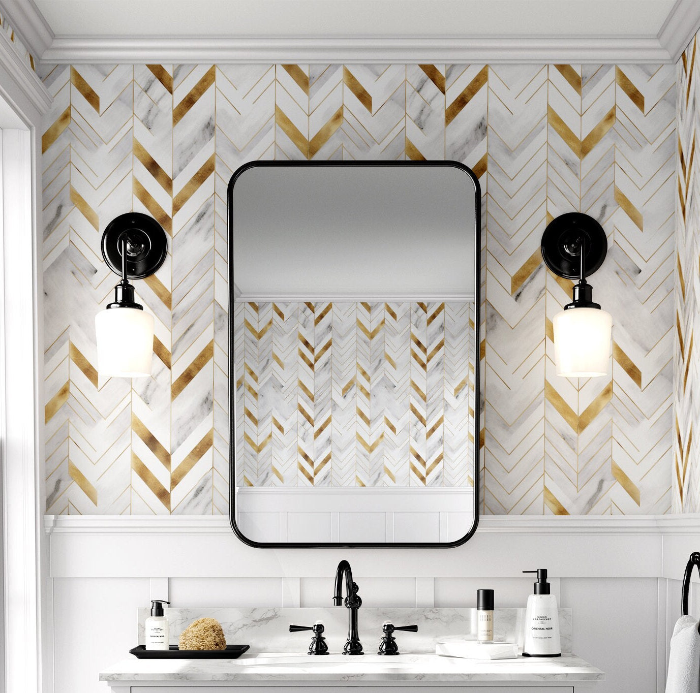 Faux Marble Wallpaper White Chevron Wall Decor