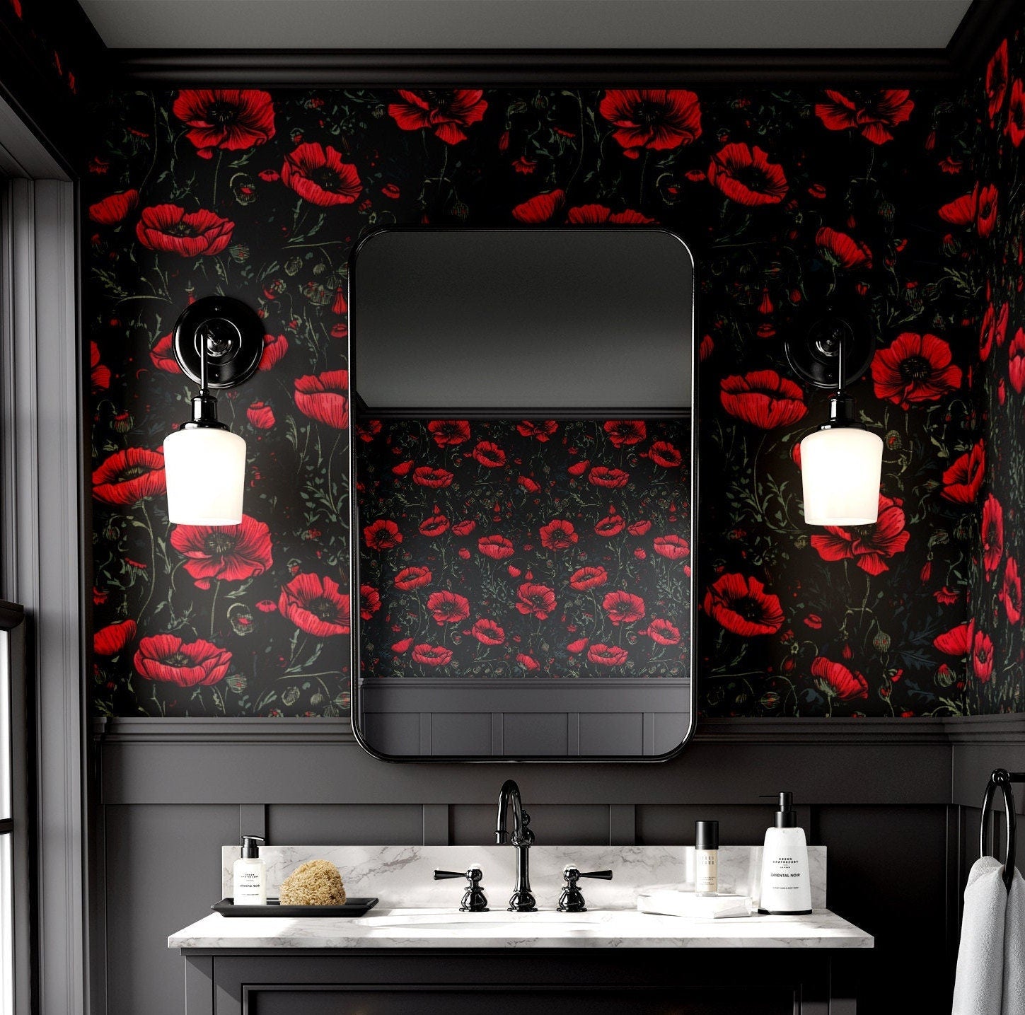 Bold Wallpaper Black &amp; Red Poppy Floral Wall Decor