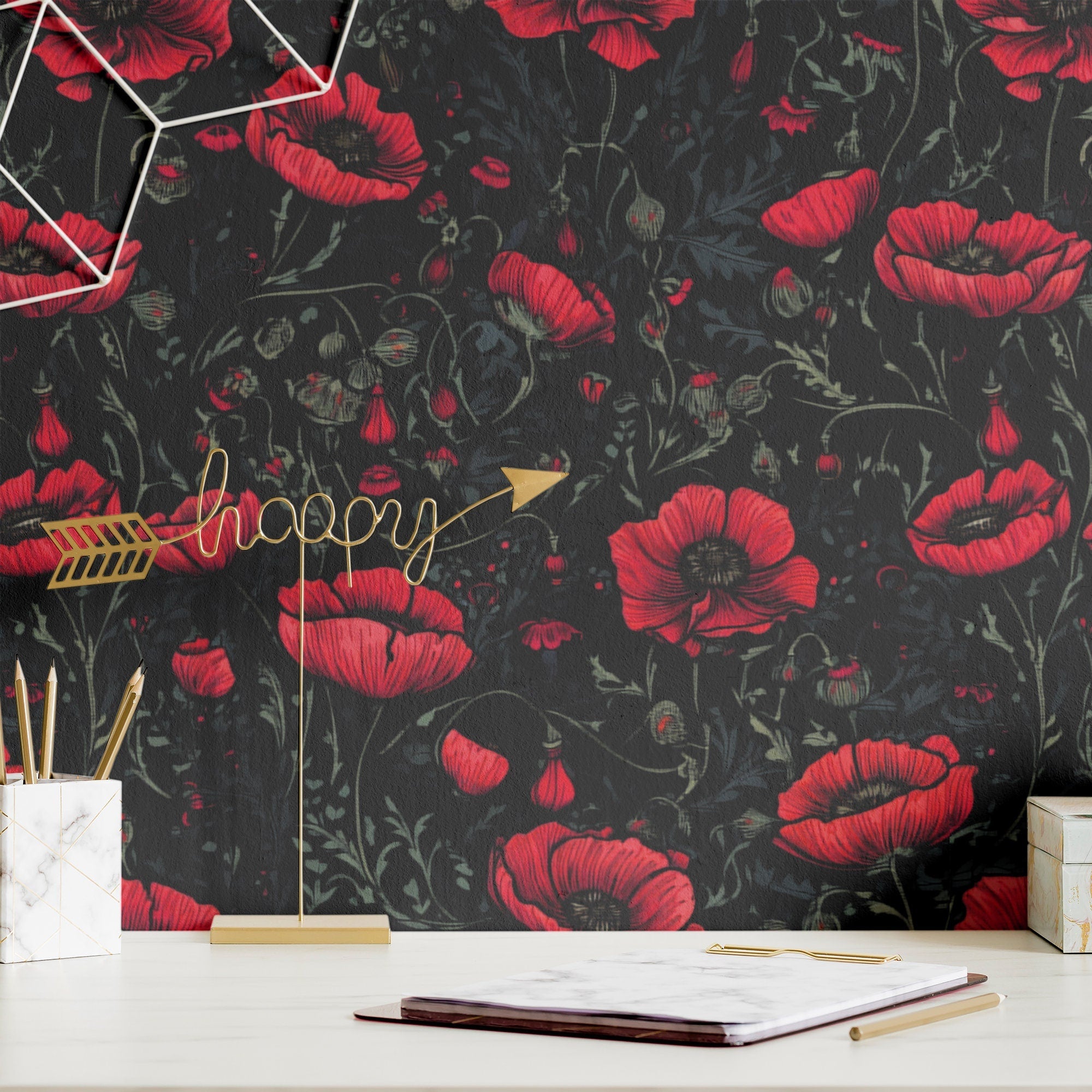 Bold Wallpaper Black &amp; Red Poppy Floral Wall Decor