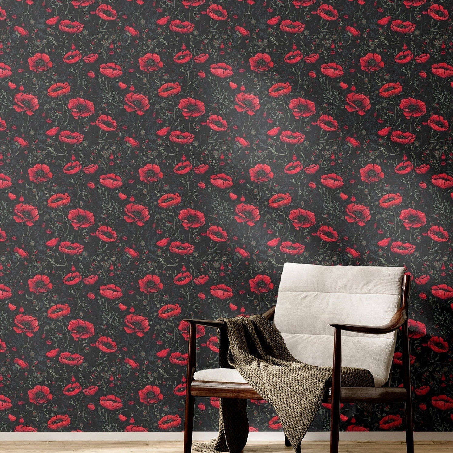 Bold Wallpaper Black &amp; Red Poppy Floral Wall Decor