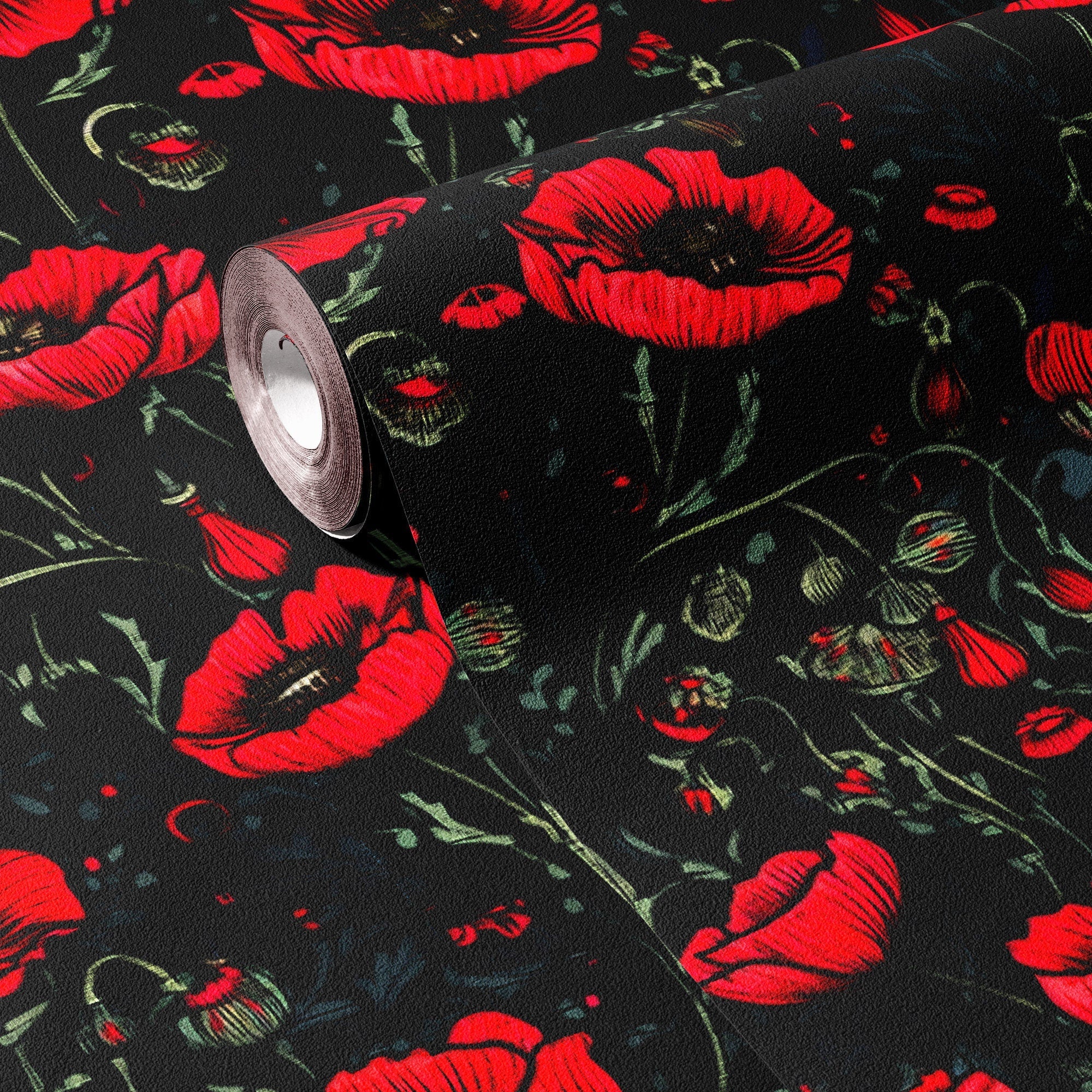 Bold Wallpaper Black &amp; Red Poppy Floral Wall Decor