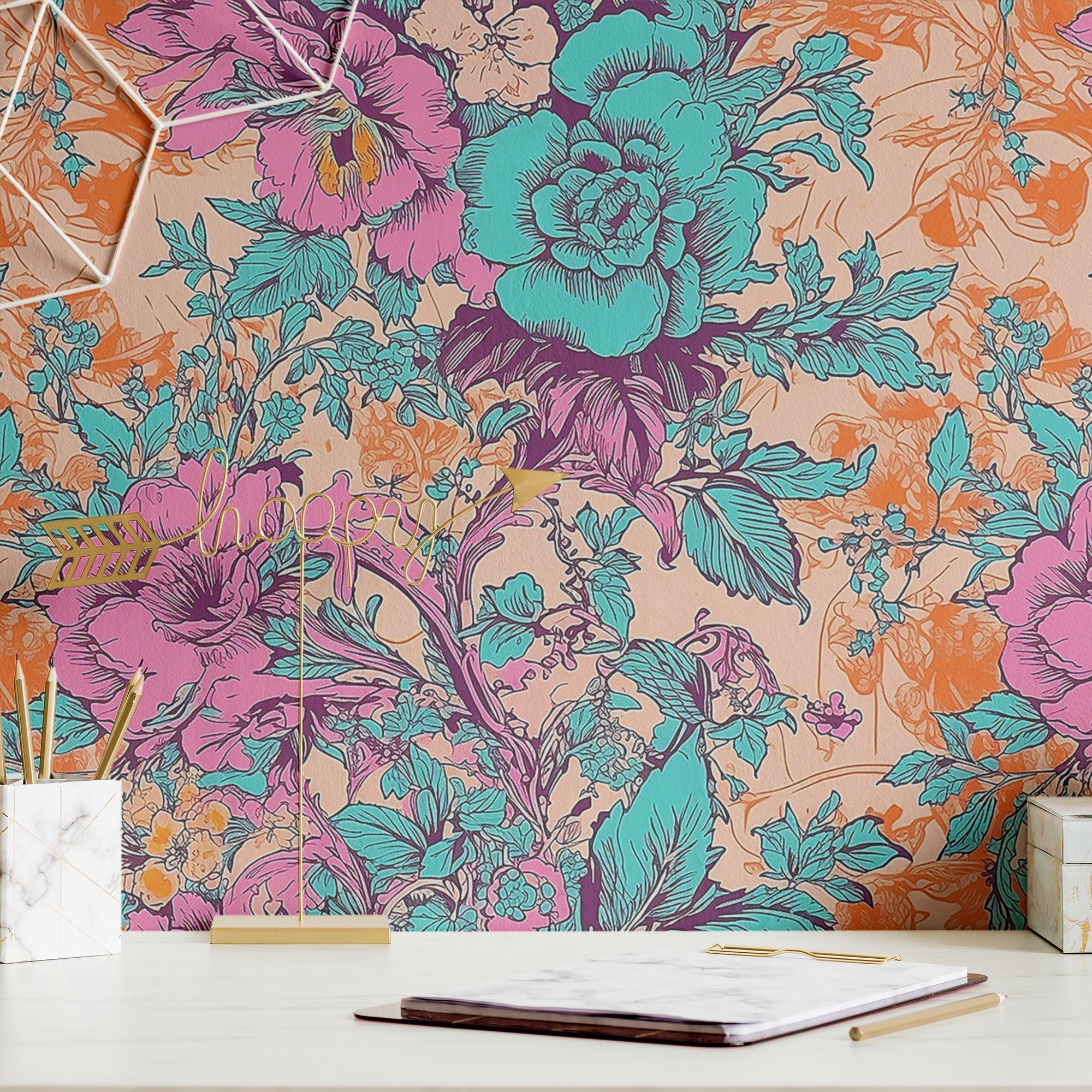 Colorful Toile Wallpaper Retro French Wall Decor