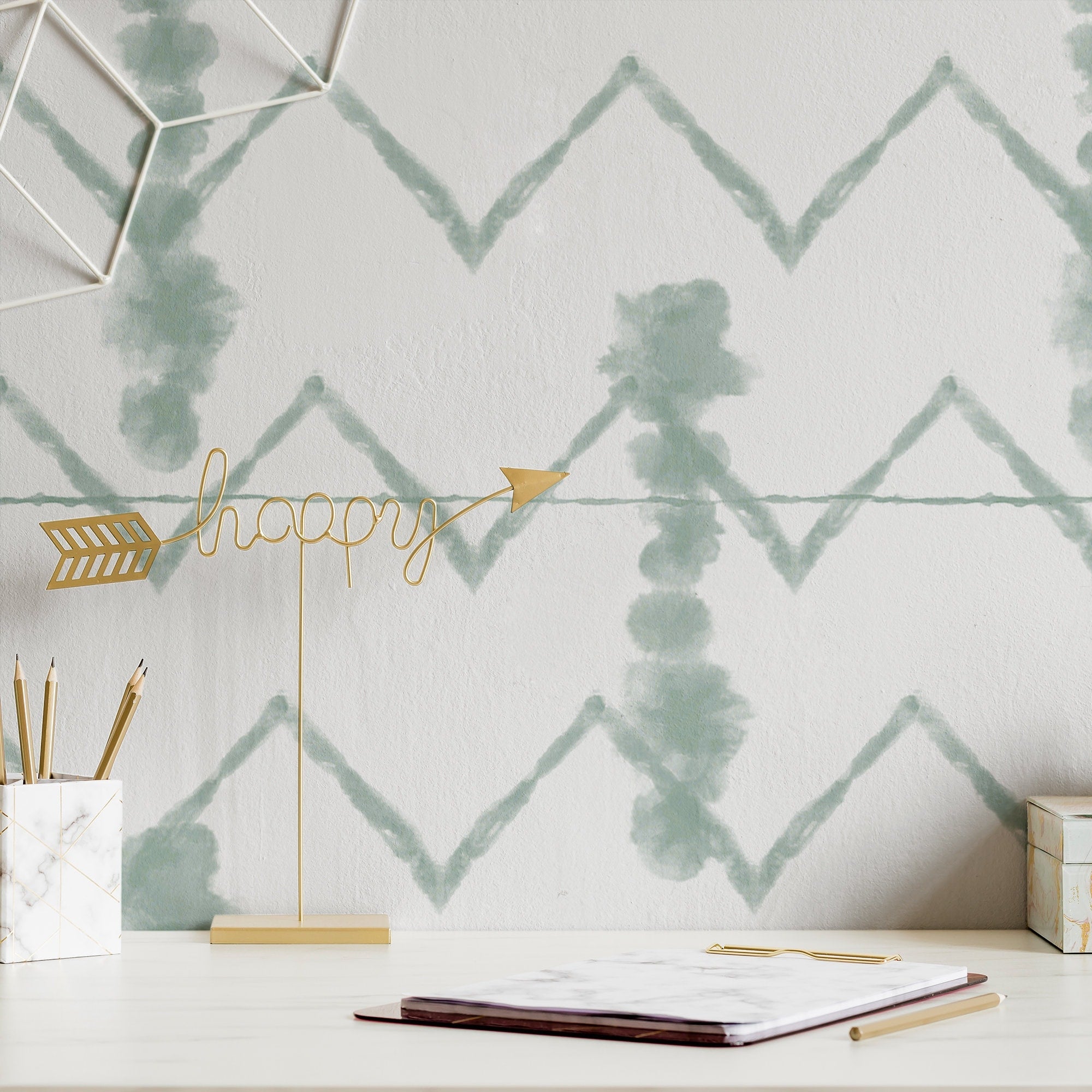 Abstract Wallpaper Green & White Shibori Wall Decor