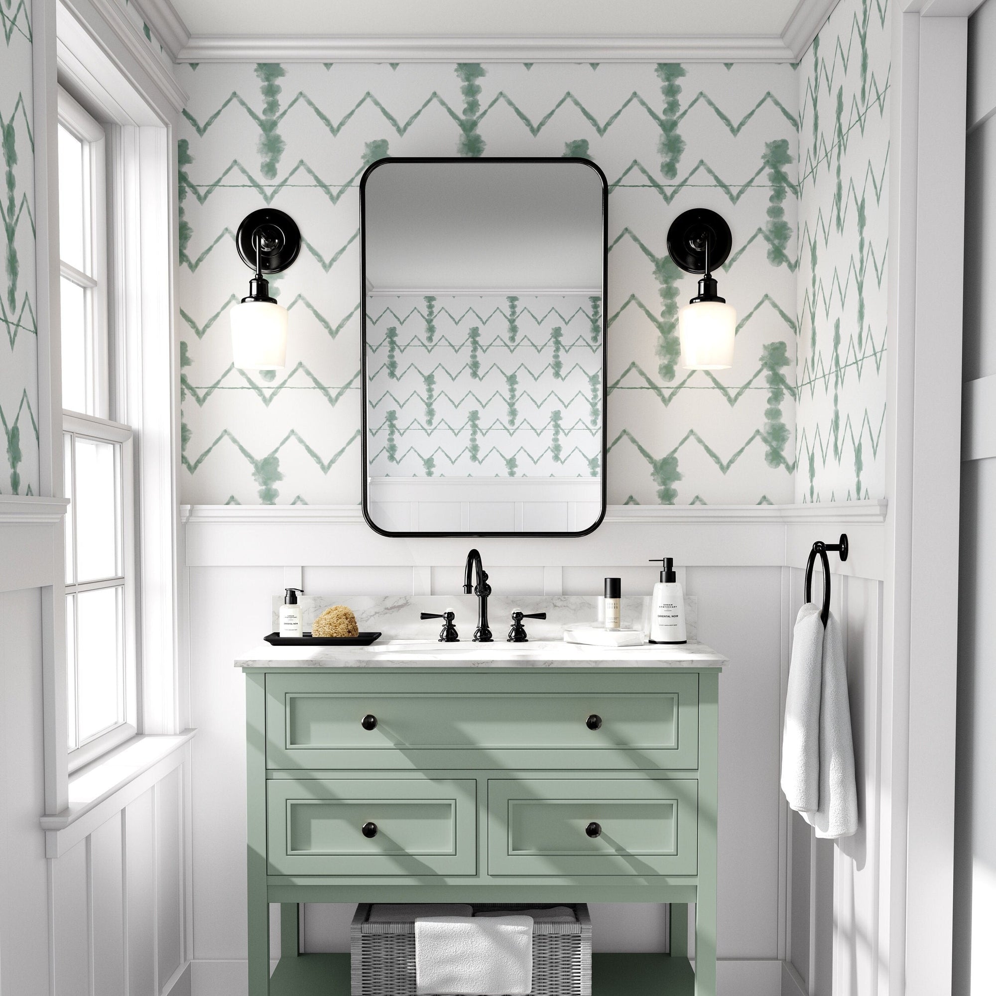 Abstract Wallpaper Green & White Shibori Wall Decor