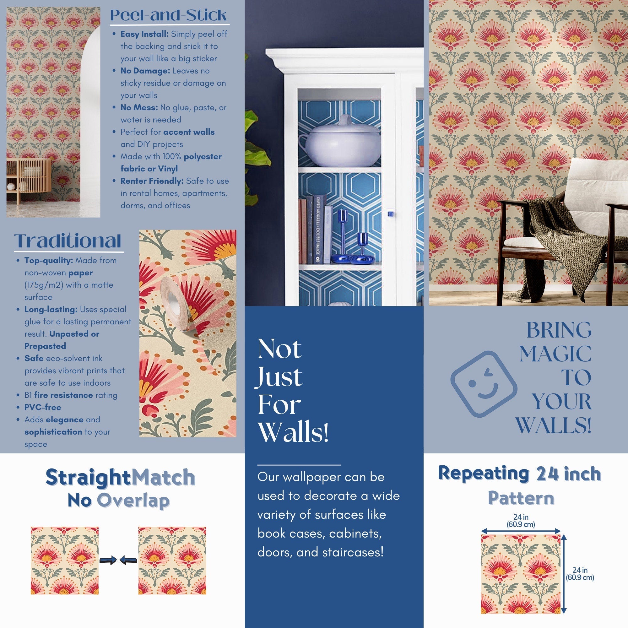 Boho Wallpaper Vintage Pink Fan Luxury Wall Decor