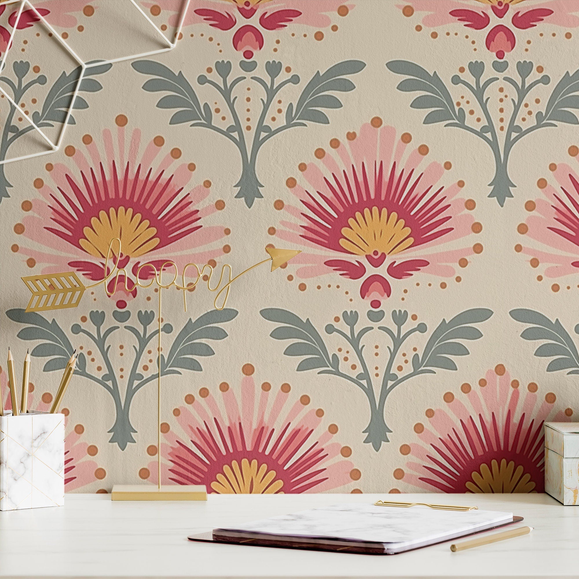 Boho Wallpaper Vintage Pink Fan Luxury Wall Decor