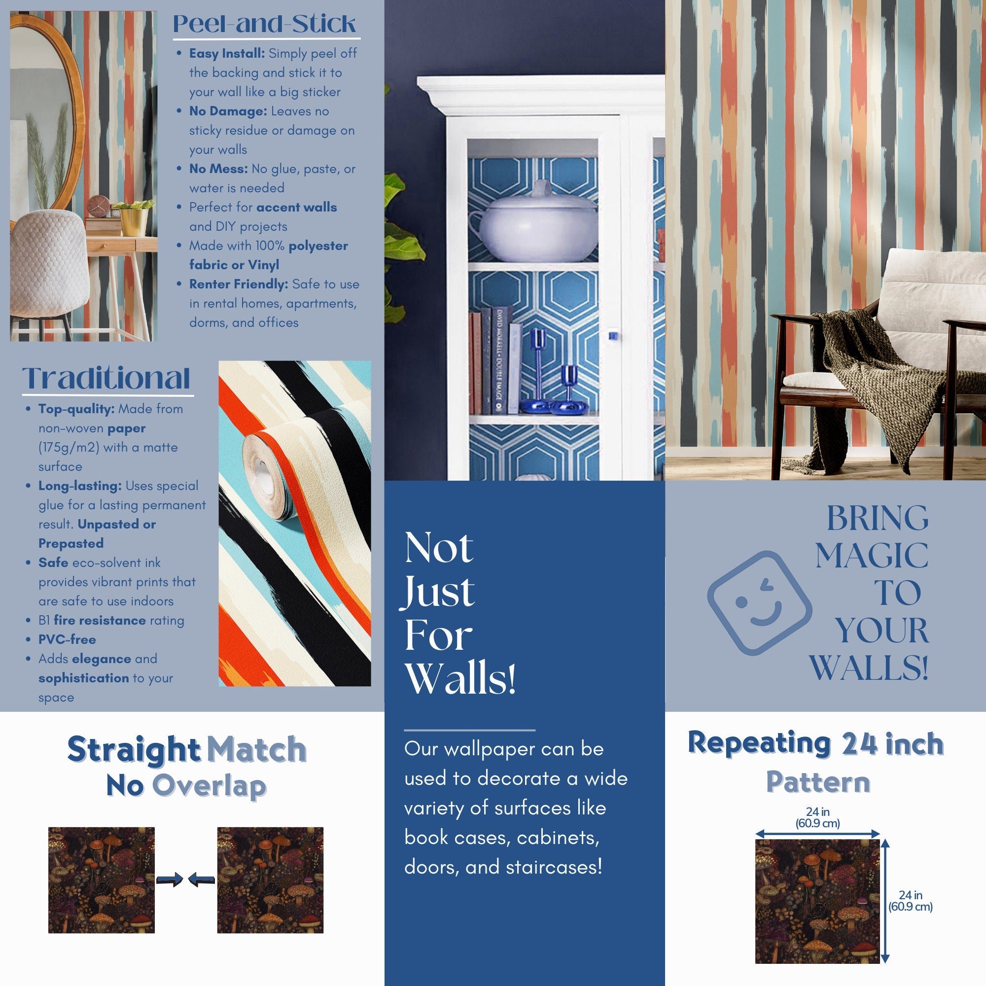 Retro Stripe Wallpaper Funky 80s Luxury Wall Decor