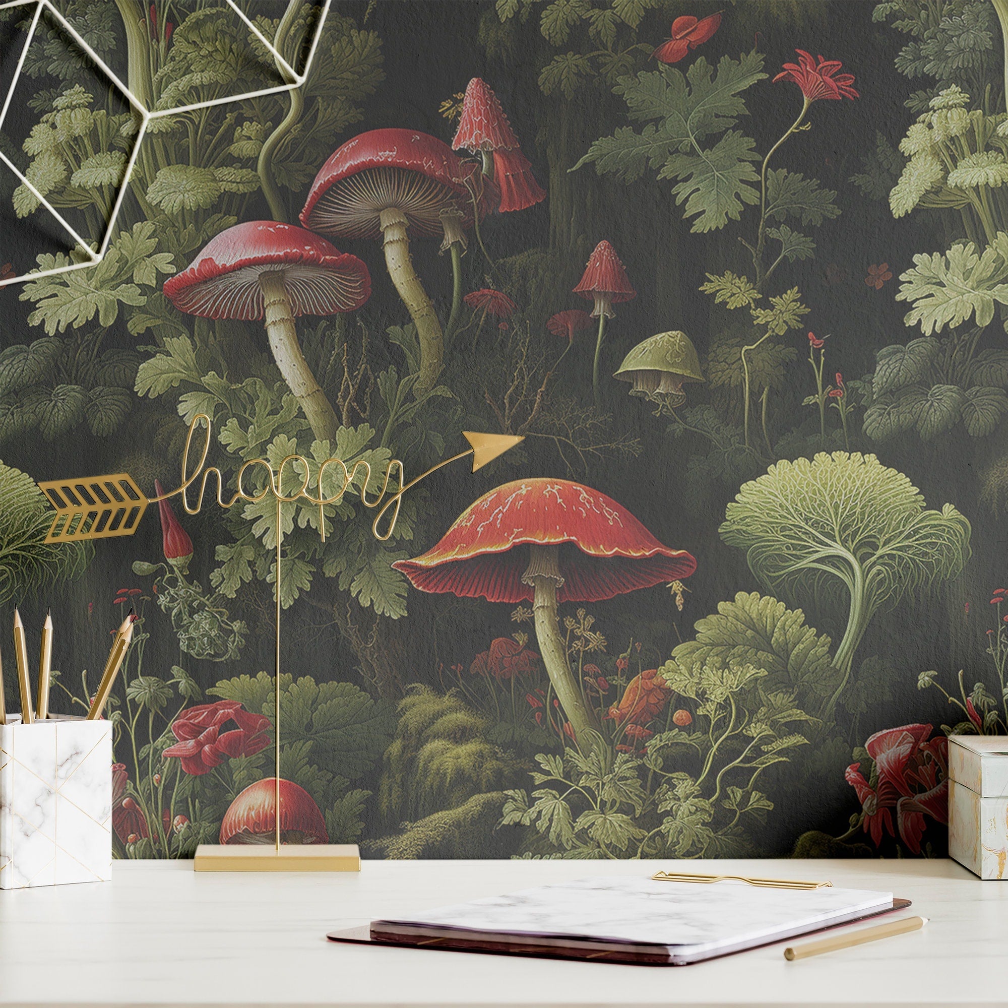 Mushroom Wallpaper Whimsical Dark Red Wall Decor