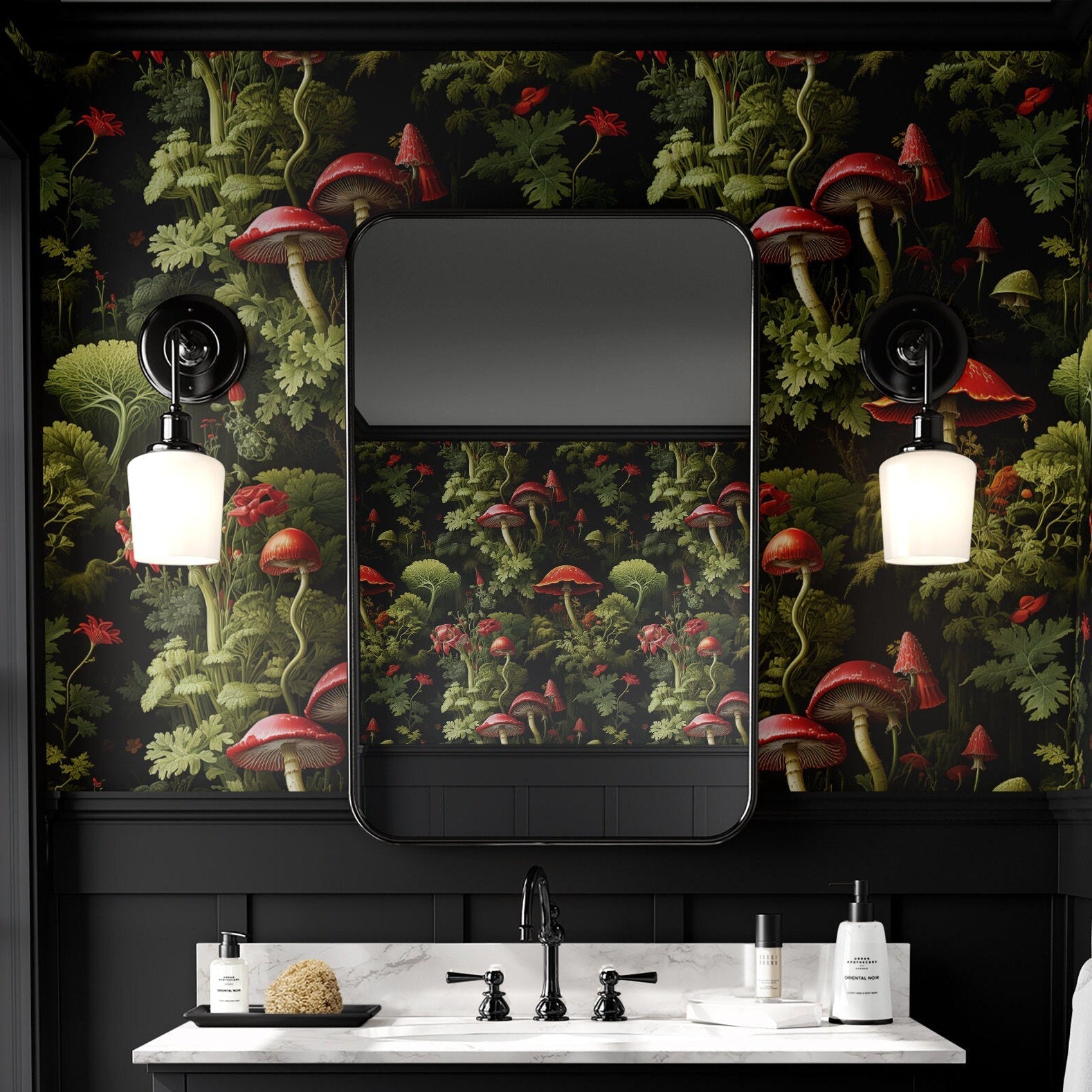 Mushroom Wallpaper Whimsical Dark Red Wall Decor