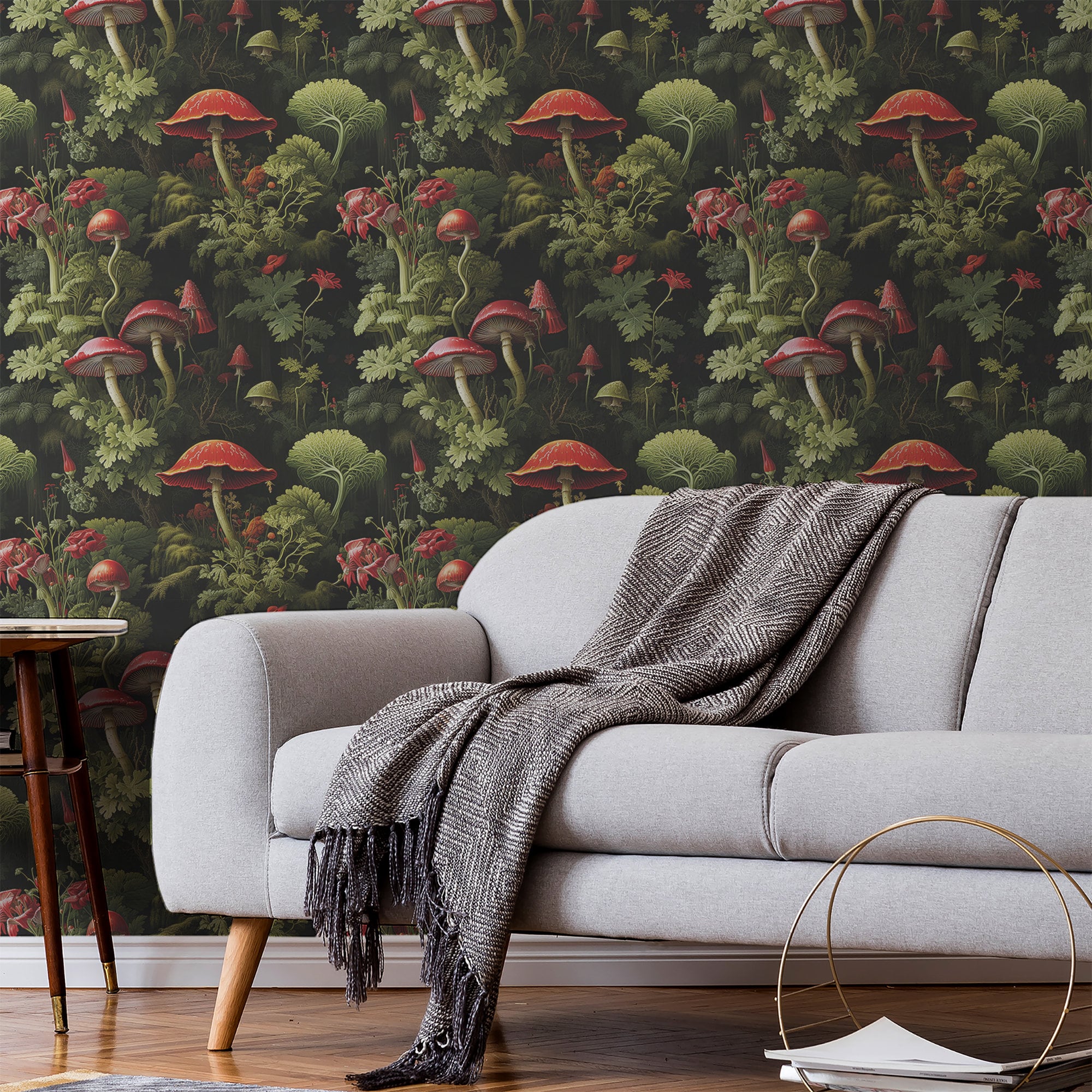 Mushroom Wallpaper Whimsical Dark Red Wall Decor