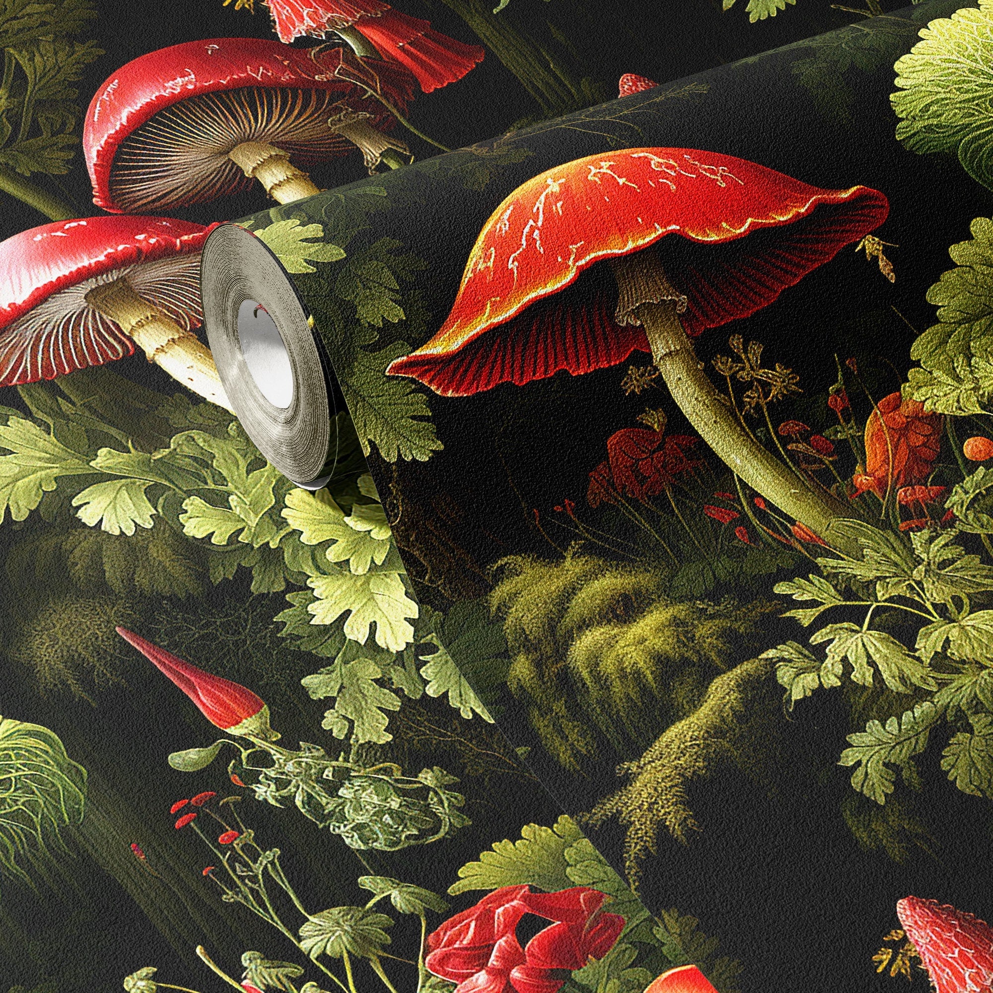 Mushroom Wallpaper Whimsical Dark Red Wall Decor