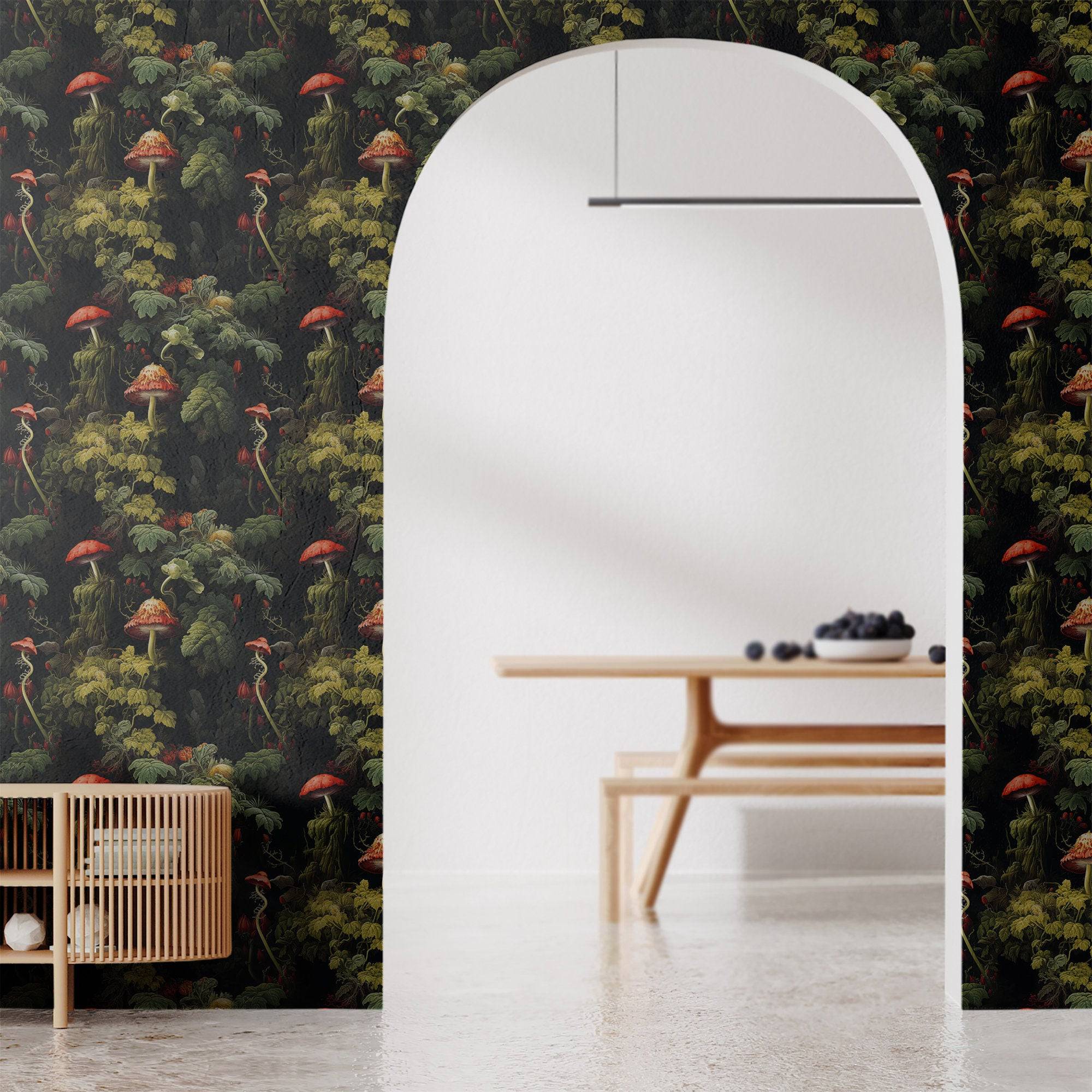 Mushroom Wallpaper Whimsical Dark Luxury Wall Decor